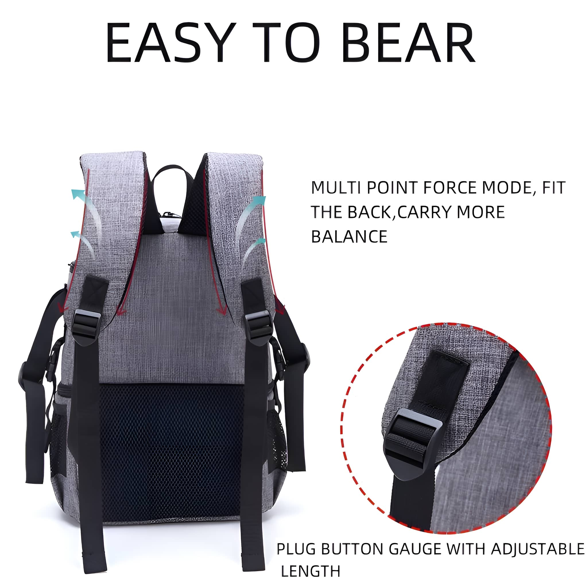 Grauer Rucksack mit verstellbaren Trägern und roten Akzenten.