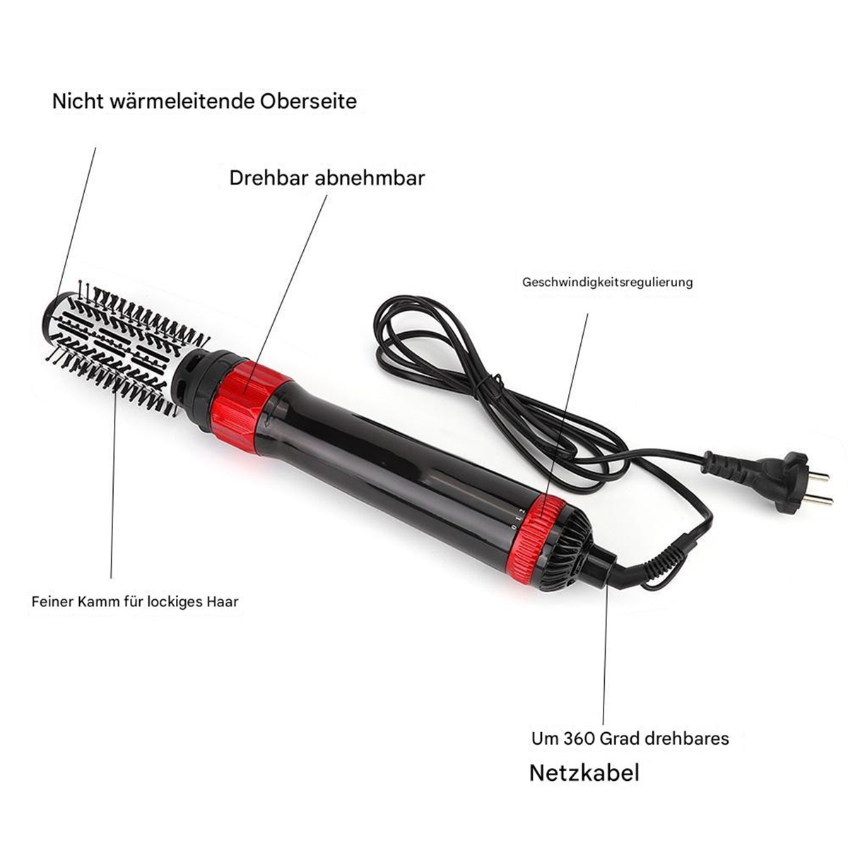 Ein schwarzer und roter Haartrockner mit Kammaufsatz und Netzkabel.