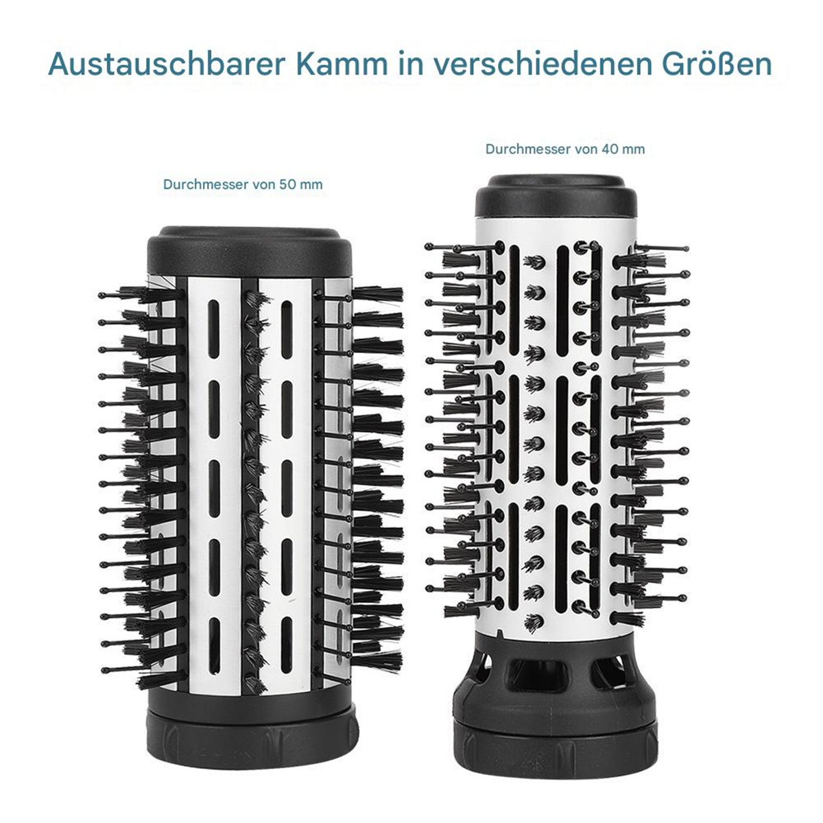 Zwei austauschbare Bürstenköpfe für das Haarstyling.