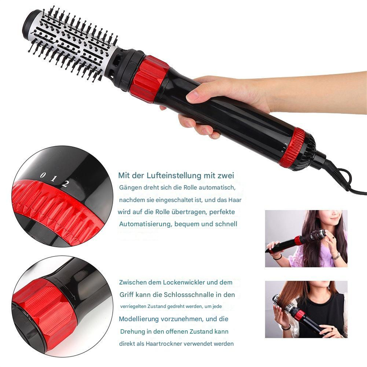 Haartrockner mit roten Akzenten, mit Produktdetails. Einige Leute modellieren das Produkt.