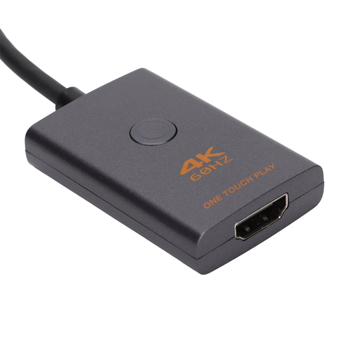 Grauer 4K-HDMI-Schalter mit Knopf, HDMI-Anschluss und schwarzem Kabel auf weißem Grund.