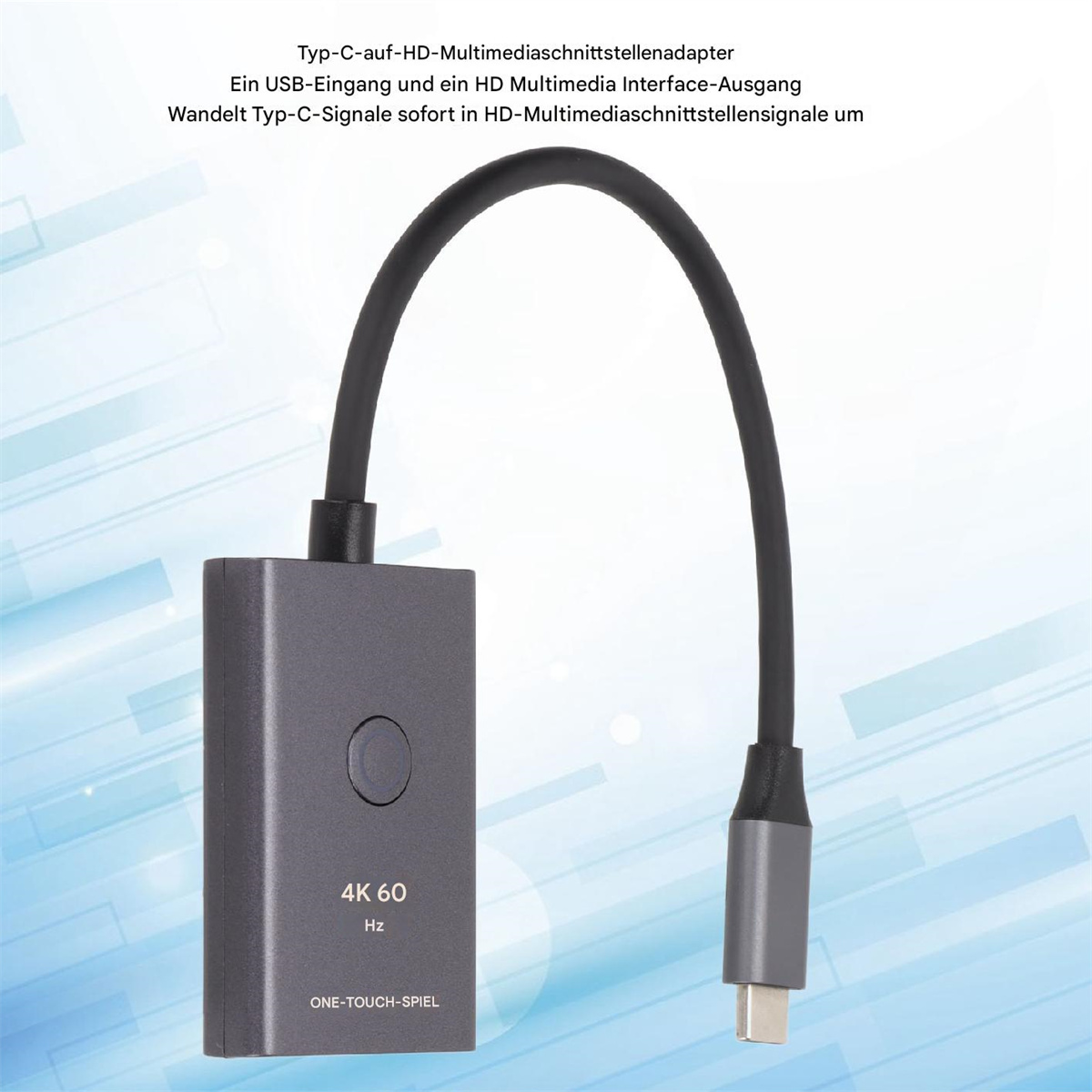 Grauer Adapter mit schwarzem Kabel und USB-C-Anschluss.