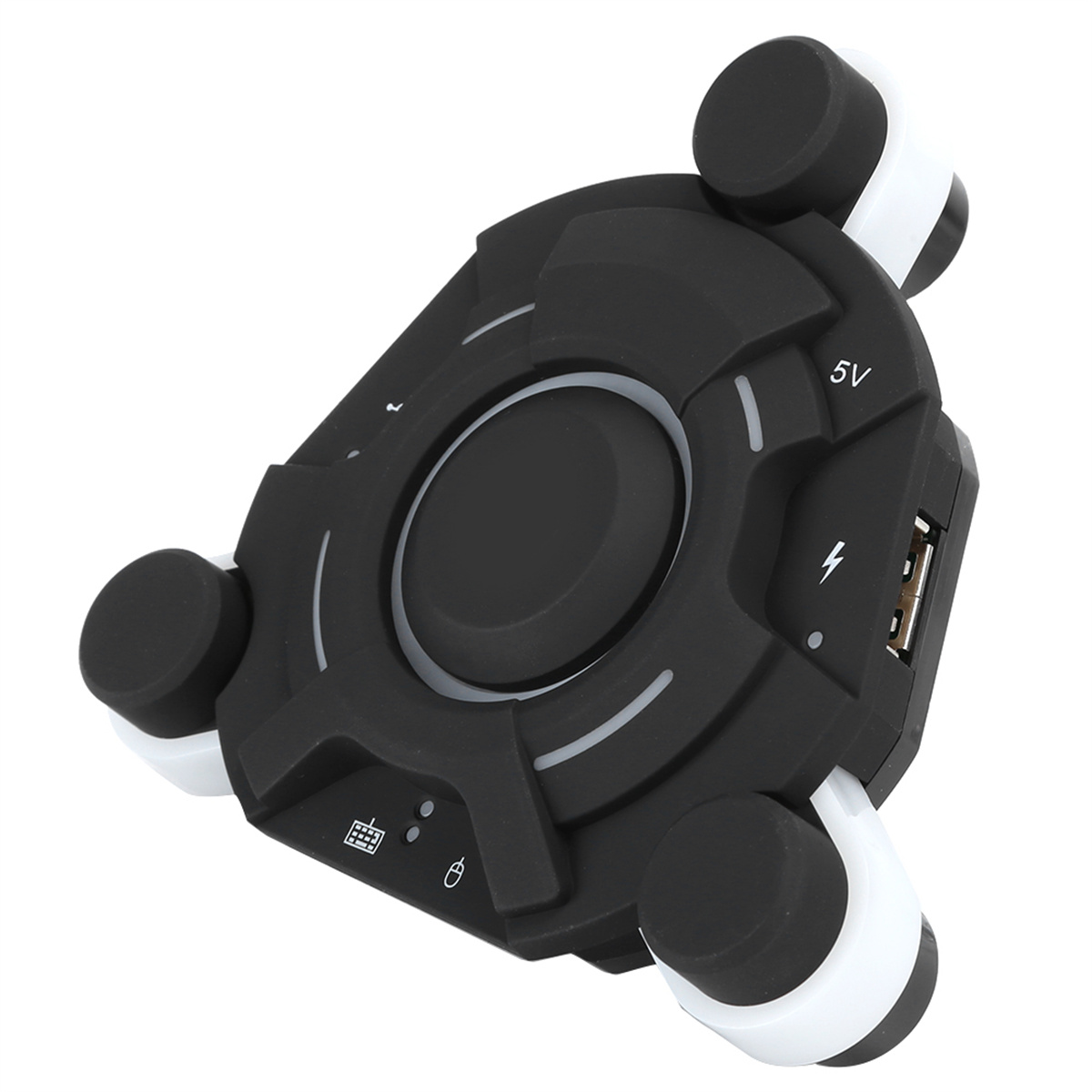 Ein schwarzer Gaming-Hub mit drei weißen Lichtern. Hat USB-Anschlüsse und Maus-/Tastatur-Symbole.