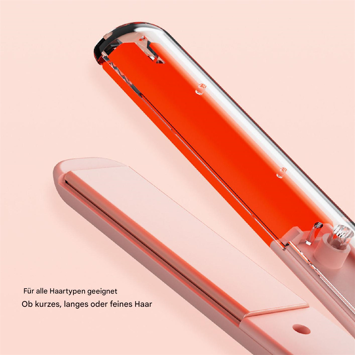 Rosa Haarglätter mit roter Heizplatte. Text: Für alle Haartypen geeignet.