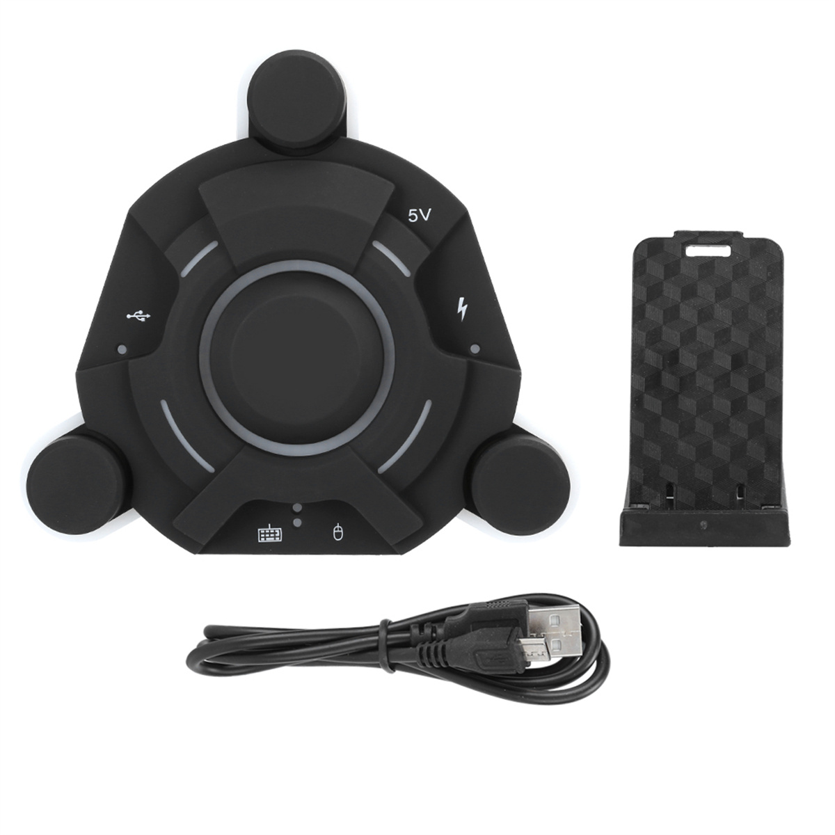 Ein schwarzes, dreiseitiges Gerät mit USB-Anschlüssen und einem Ladeständer.