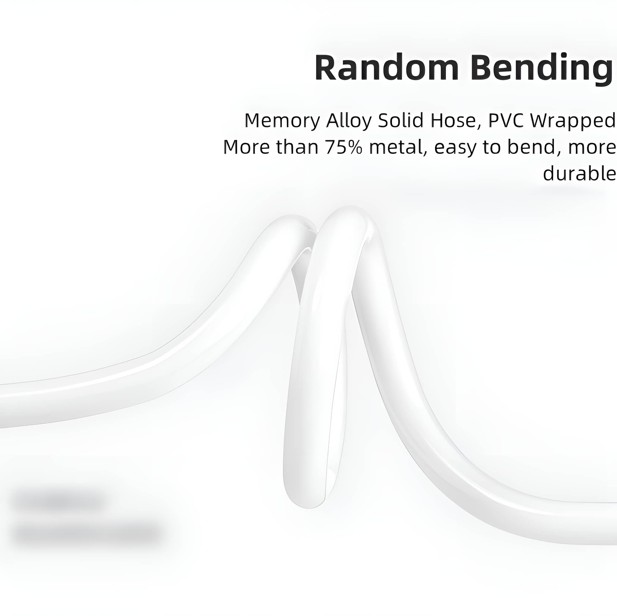 Weißes, flexibles Kabel in gebogener Form vor weißem Hintergrund. Der Text erwähnt, dass es leicht zu biegen und haltbar ist.