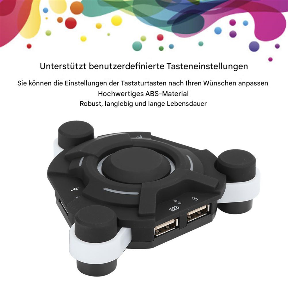 Schwarzer USB-Hub mit weißen Akzenten. Text auf Deutsch. Bunte Punkte im Hintergrund.