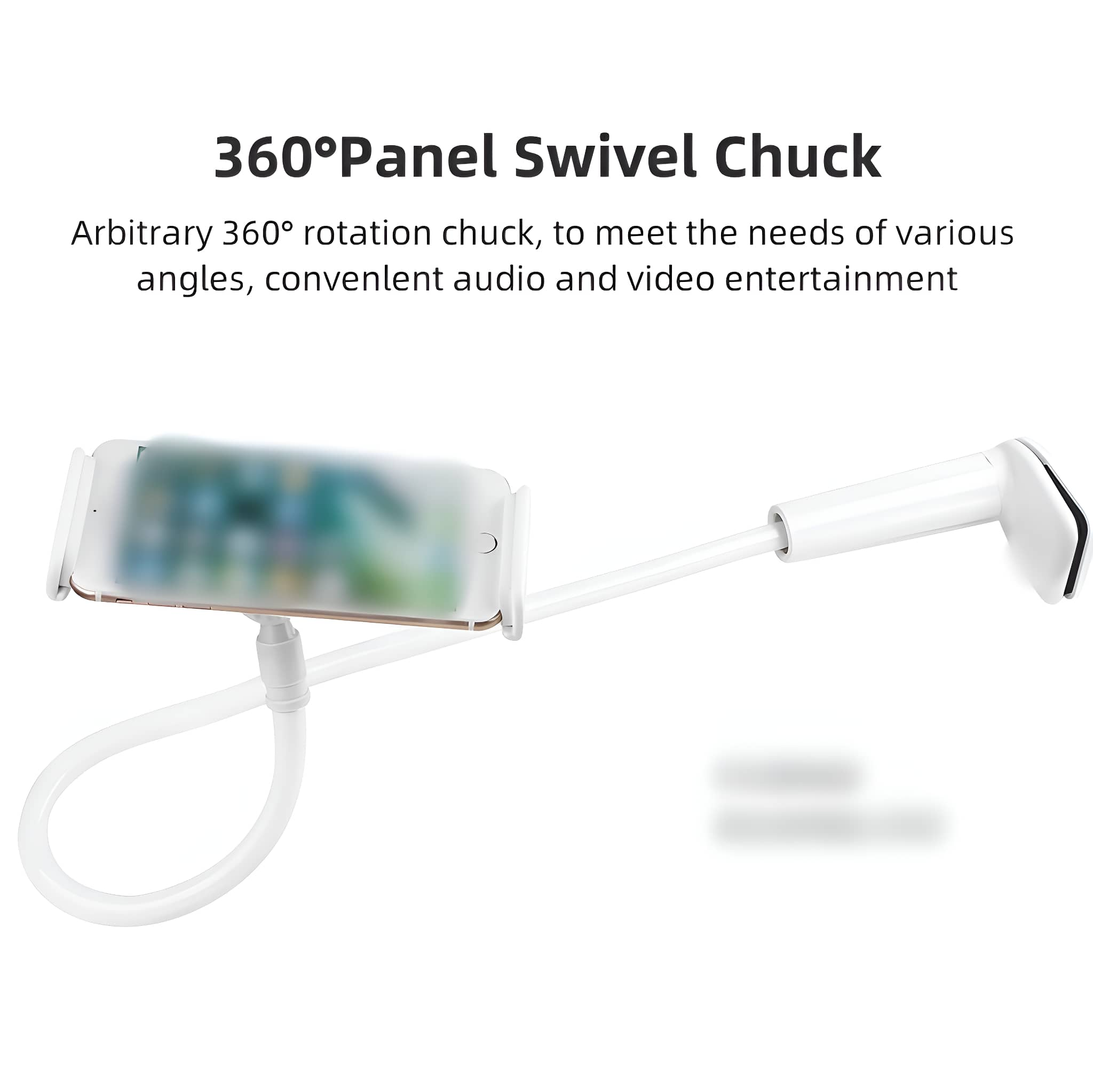 Ein Telefon ist an einem flexiblen Arm montiert, mit Textüberlagerung.