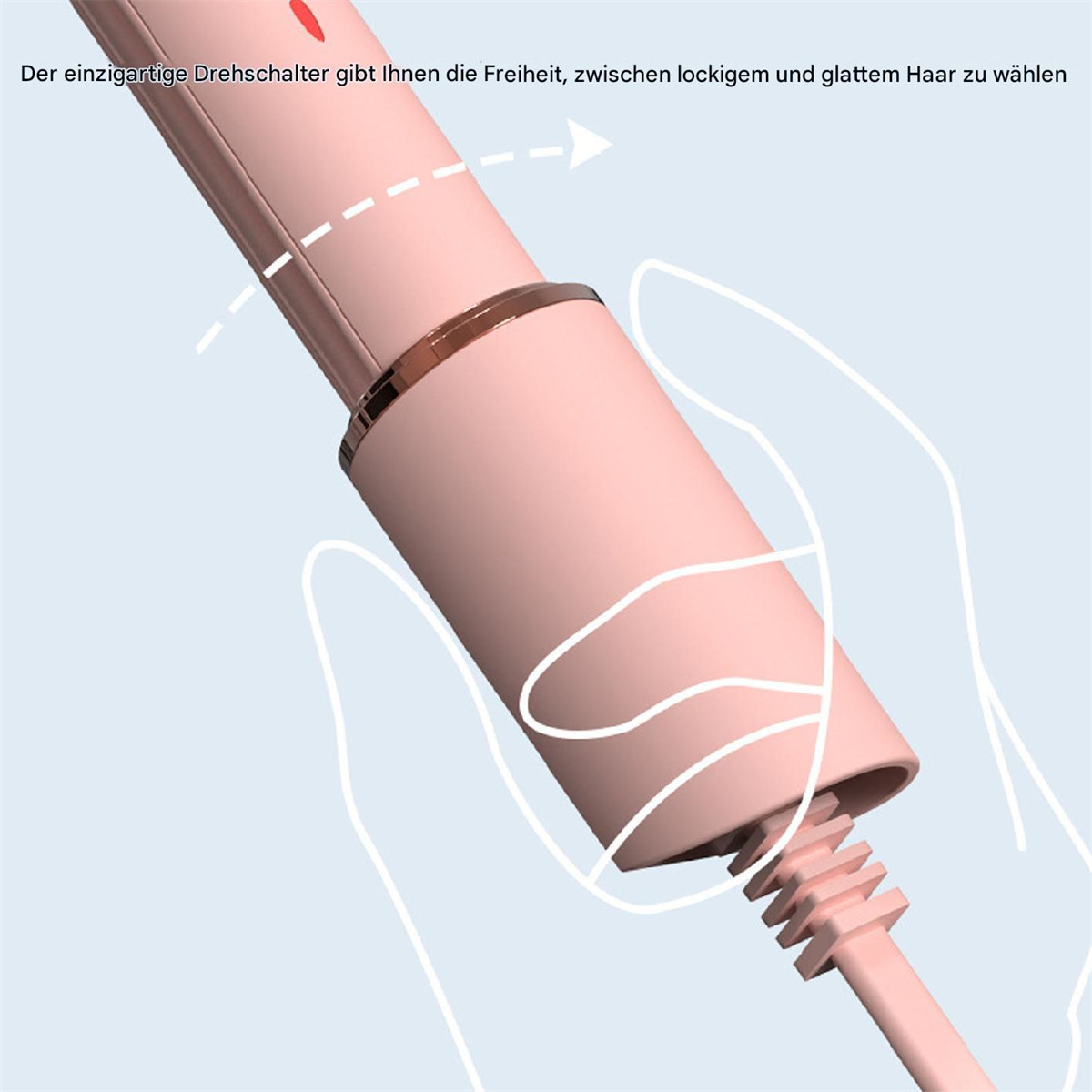 Ein rosa Haarglätter mit einer handgezeichneten Umriss einer Hand.