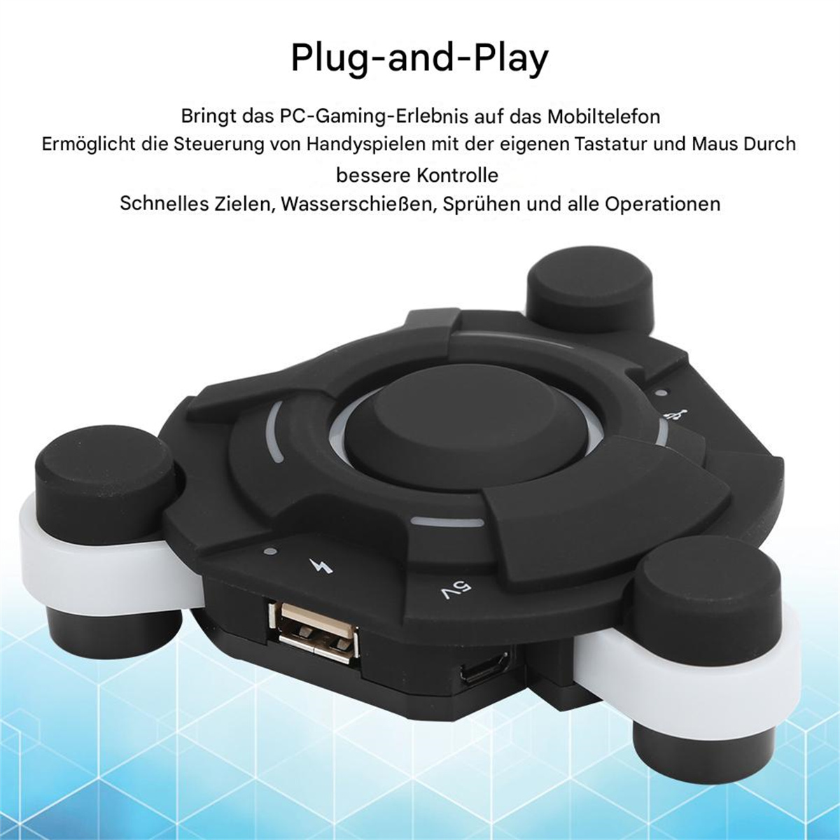Gaming-Controller mit USB-Anschluss. Schwarz-weißes Design. Blauer geometrischer Hintergrund.