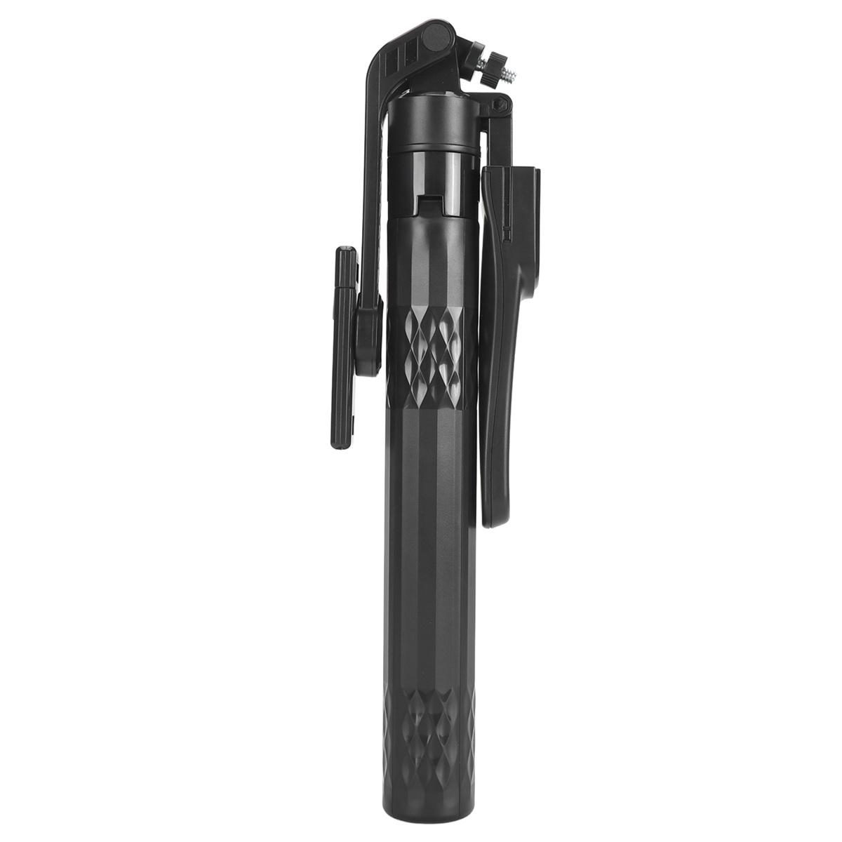 Ein schwarzer Selfie-Stick steht vor weißem Hintergrund. Kompaktes, faltbares Design.
