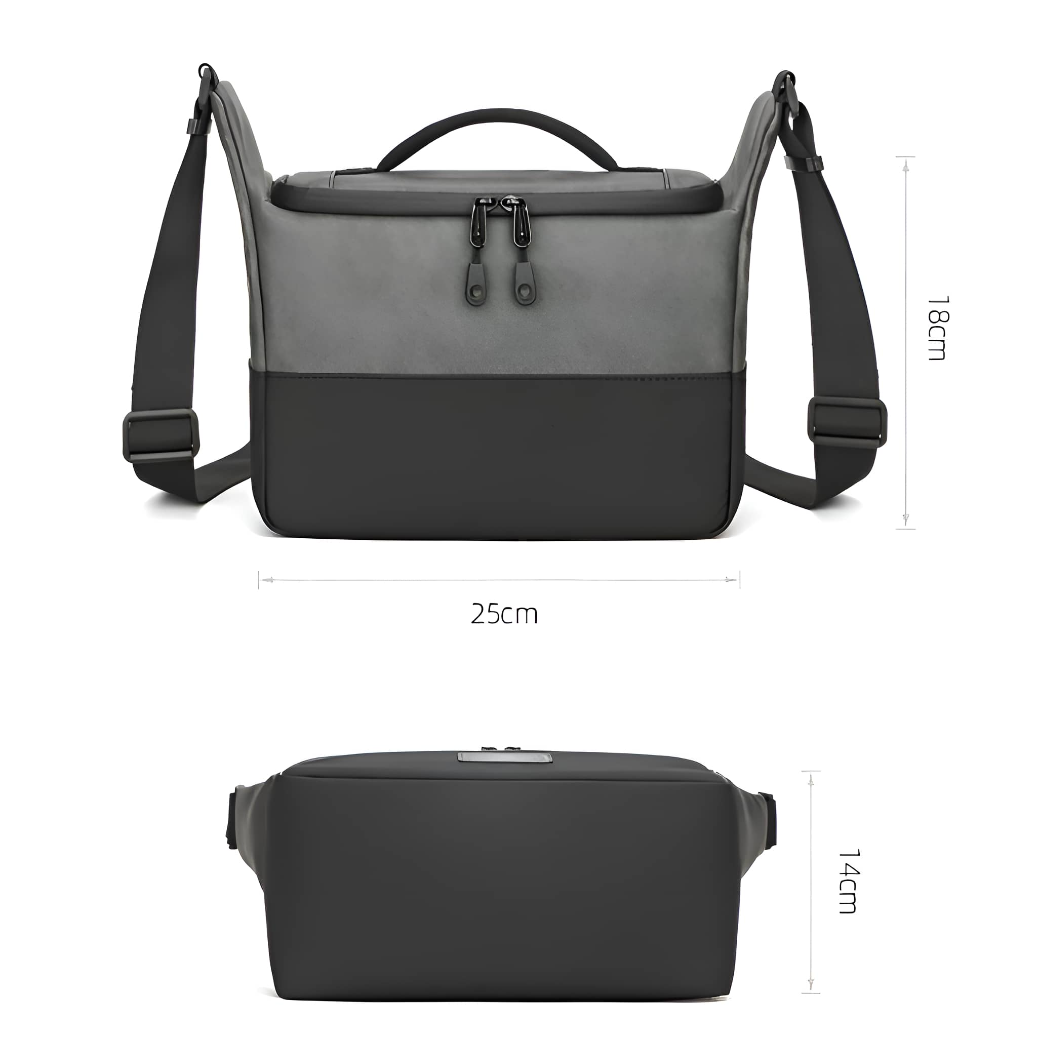 Schwarz-graue Tasche mit Abmessungen, Ansicht von oben und von der Seite.