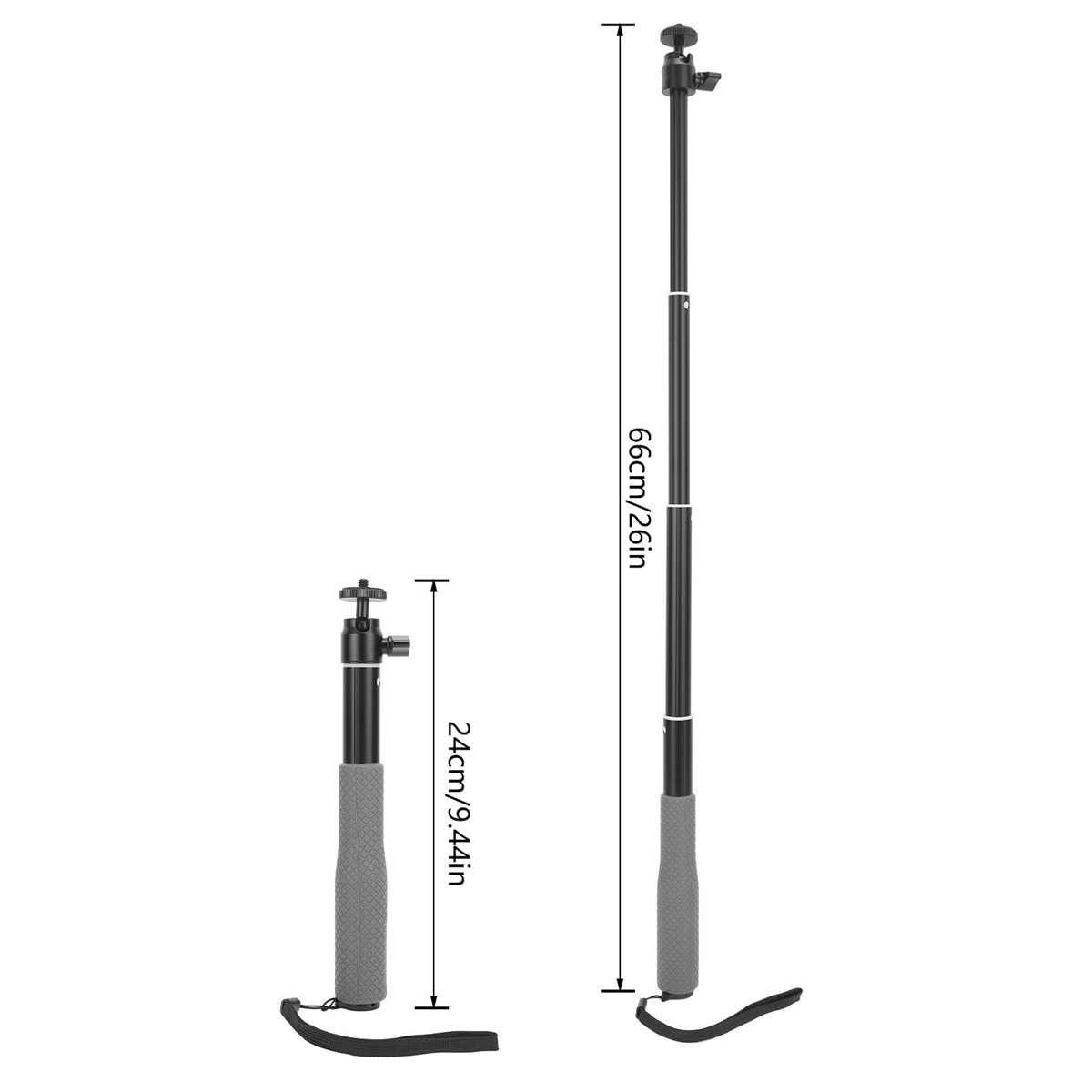 Zwei schwarze Selfie-Sticks, einer eingefahren 24 cm, der andere ausgefahren 66 cm, beide mit grauen Griffen und einem Band.