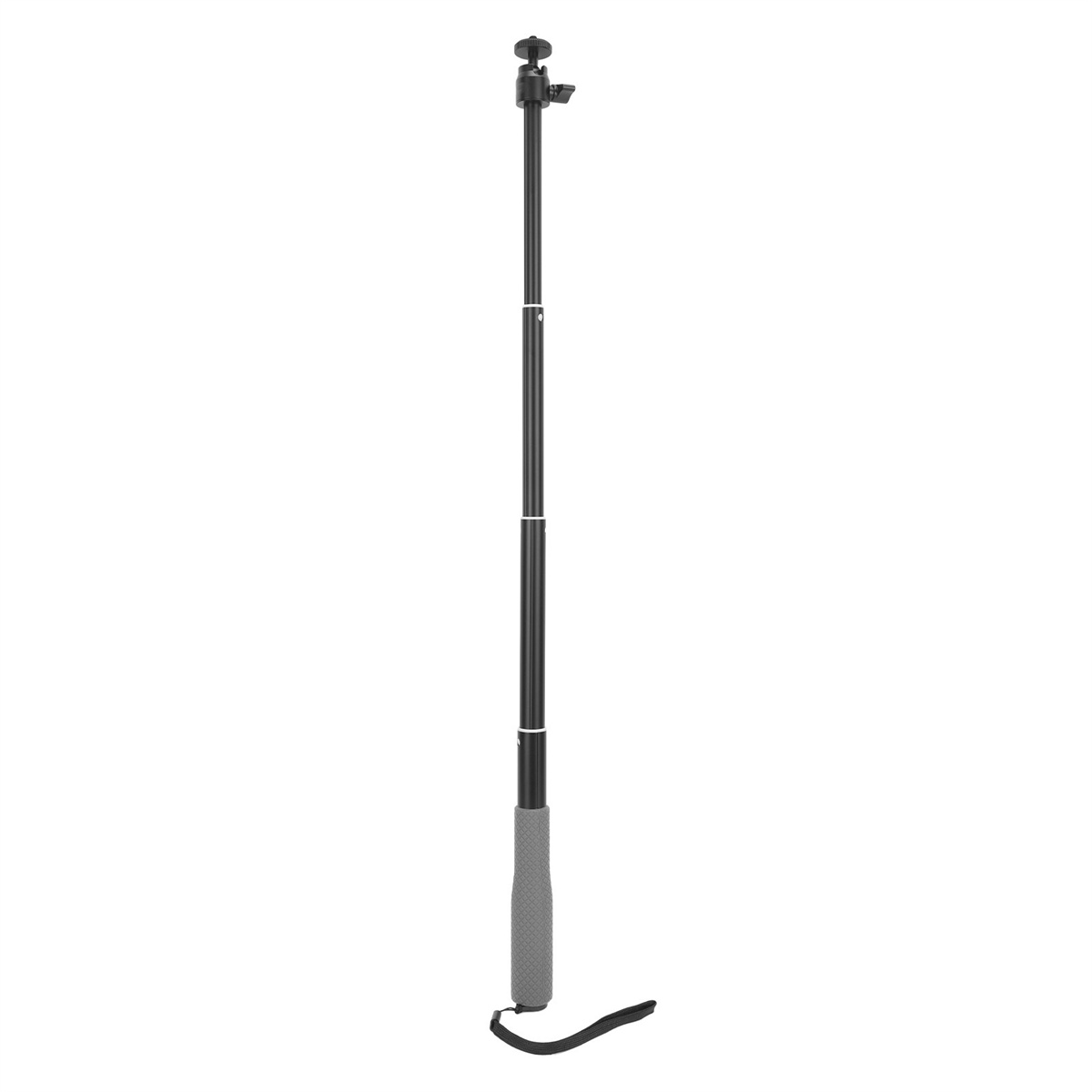Schwarzer Selfie-Stick, vollständig ausgefahren. Grauer Griff und Handschlaufe. Weißer Hintergrund.