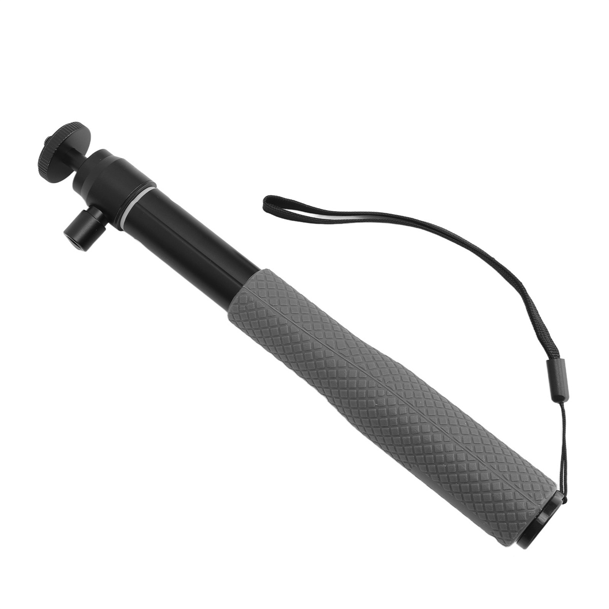 Schwarzer und grauer Selfie-Stick mit Griff und Handschlaufe auf weißem Hintergrund.