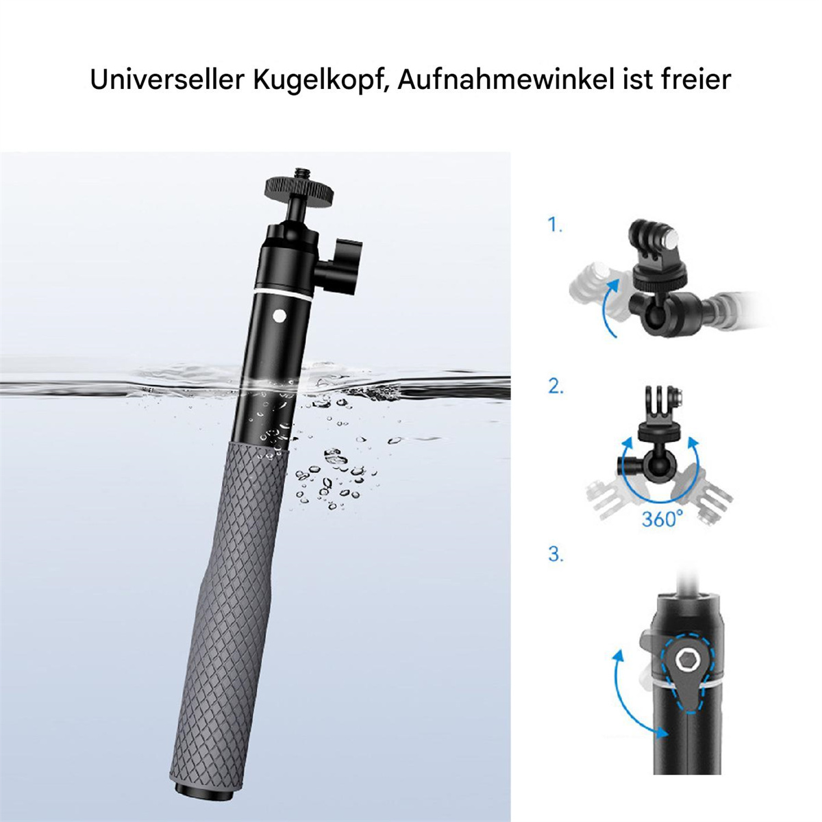 Schwarzes Stativ mit Diagrammen, die verschiedene Positionen und Winkel des Stativs zeigen.
