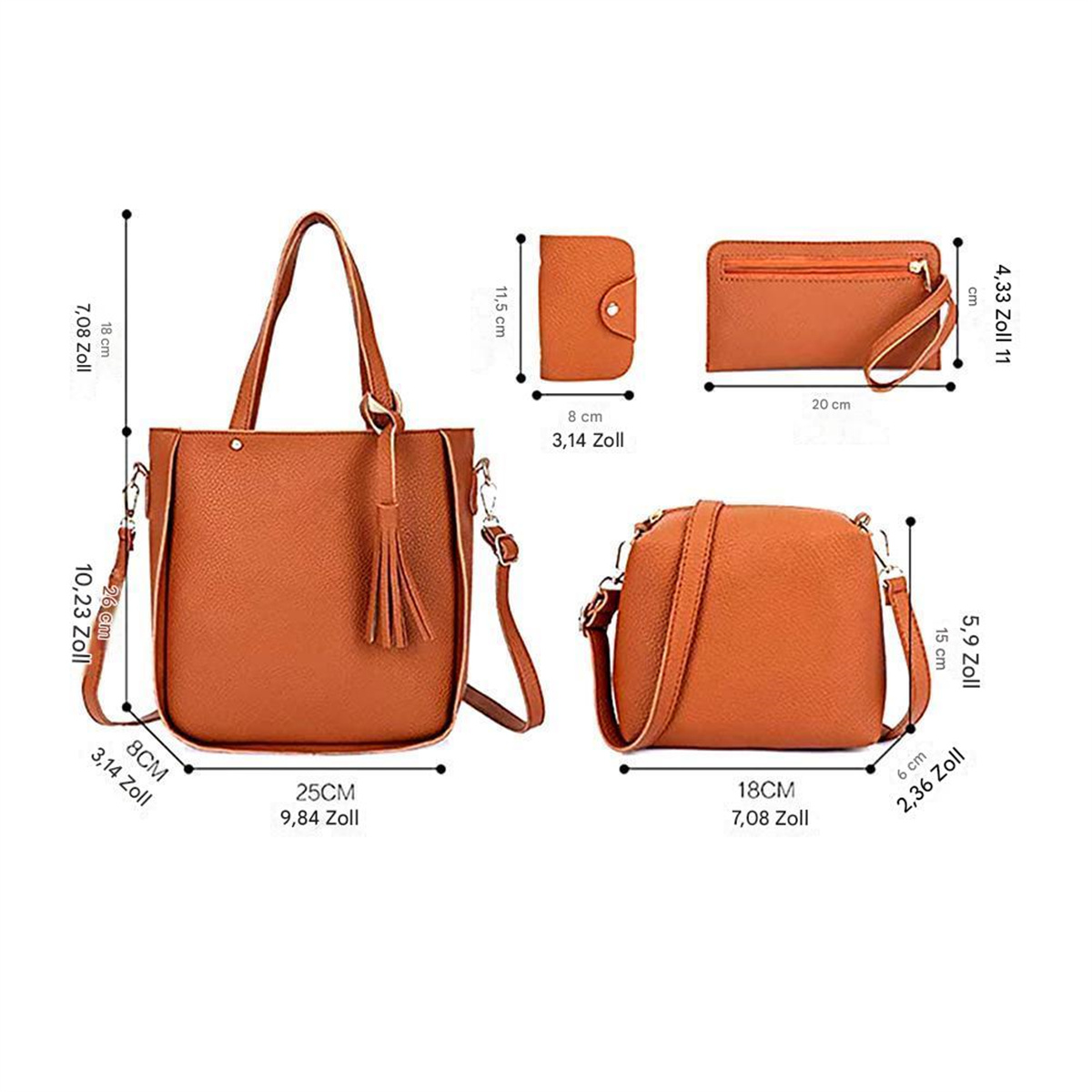 Set aus orangefarbenen Handtaschen, Geldbörse und Geldbörse mit Abmessungen in cm und Zoll.