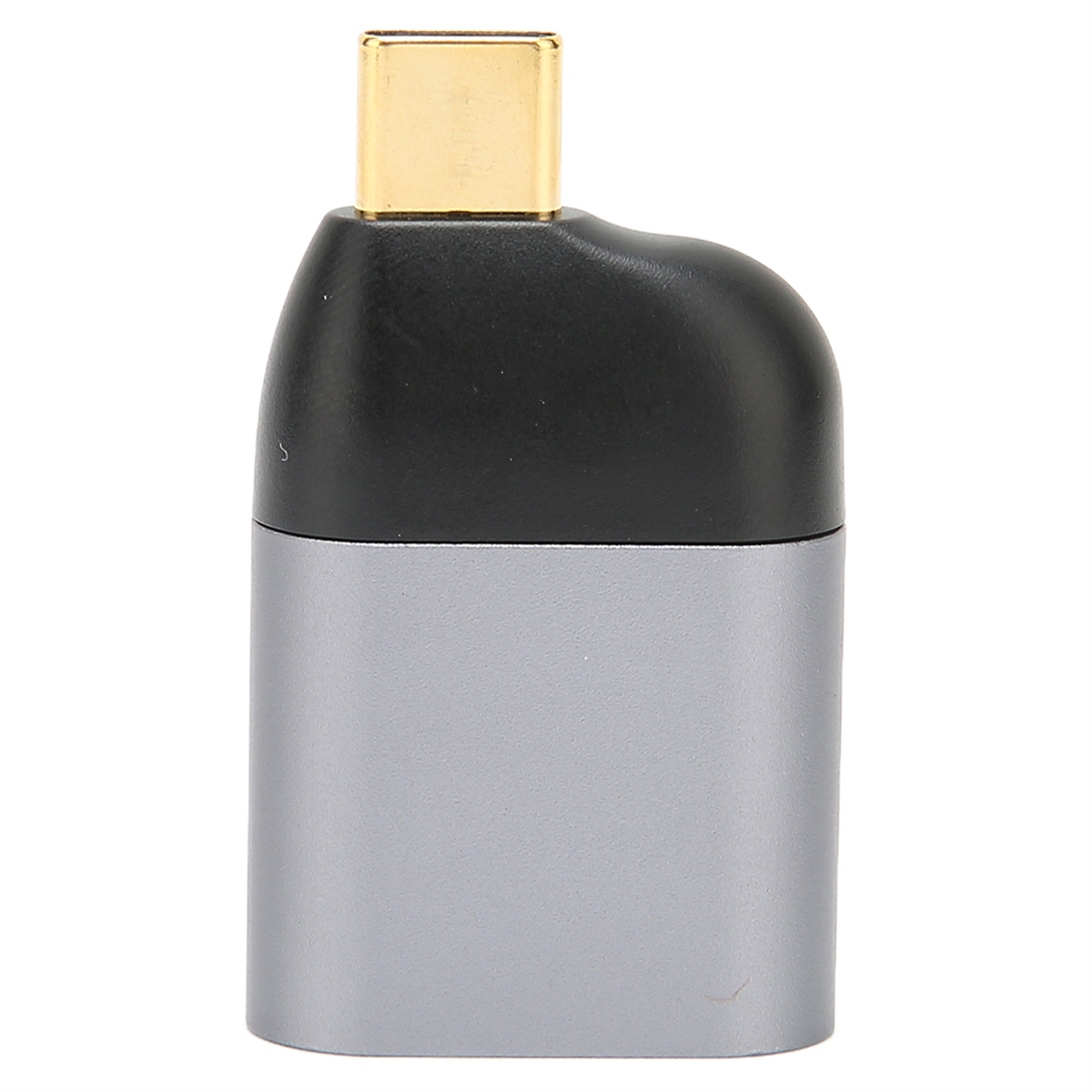 Ein silberner und schwarzer USB-C-Adapter mit einem goldfarbenen USB-Anschluss.