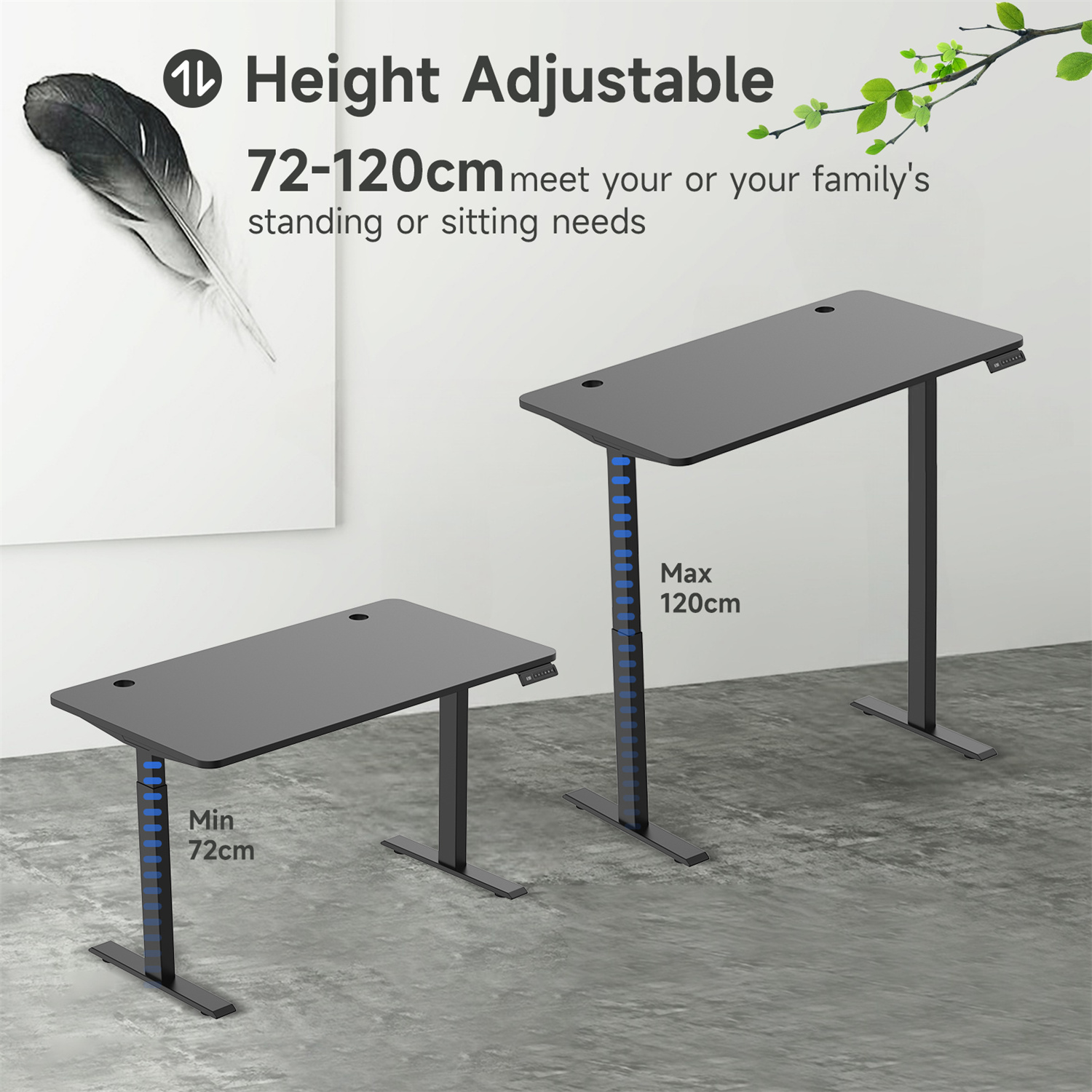Zwei höhenverstellbare Schreibtische in Grau. Einer hat die Mindesthöhe (72 cm), der andere die Maximalhöhe (120 cm).