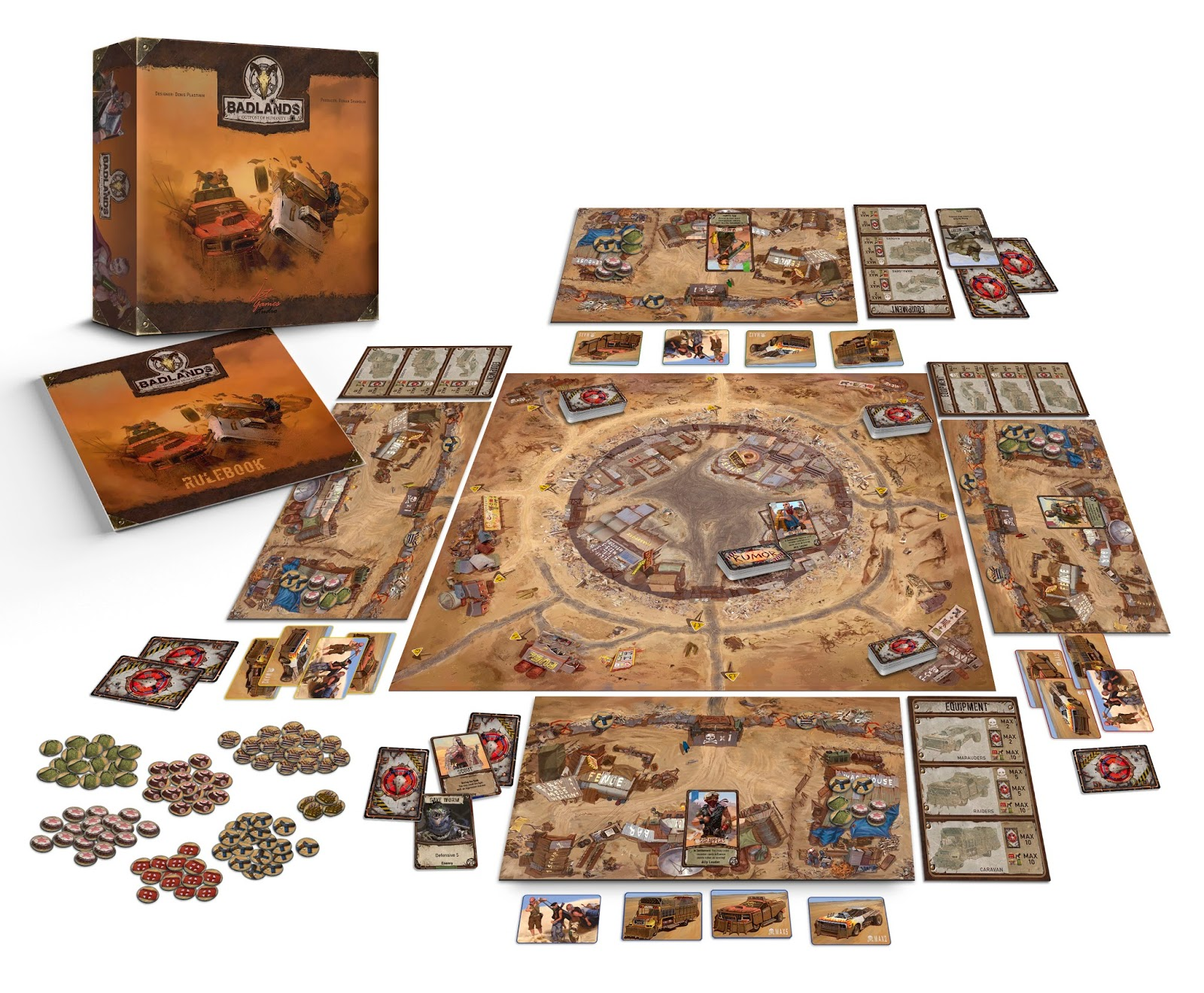 Ein Brettspiel aufgebaut mit Box, Regelbuch, Spielbrett, Karten und Teilen.