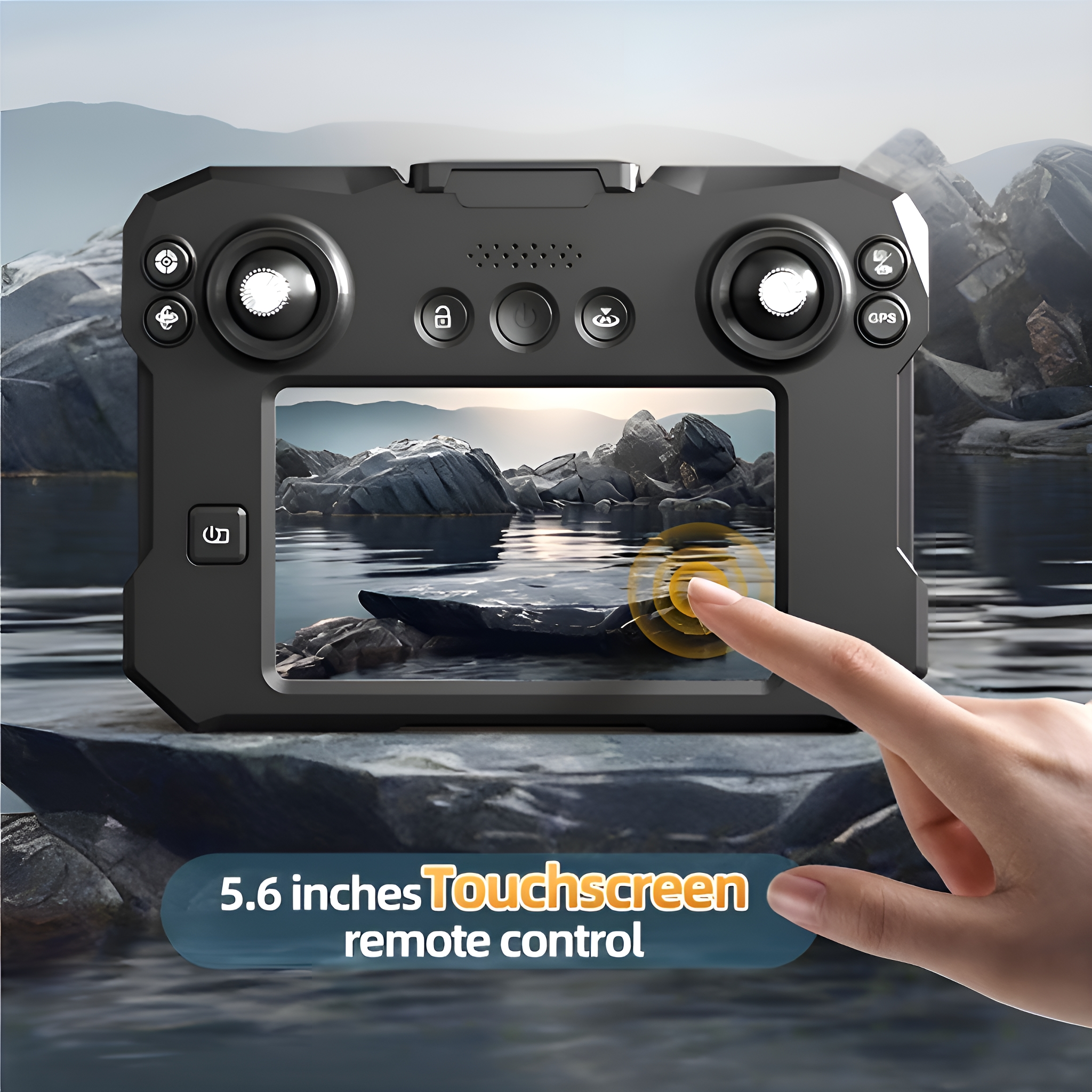 Schwarze Fernbedienung mit Touchscreen, der eine Landschaft zeigt. Eine Hand berührt den Bildschirm.