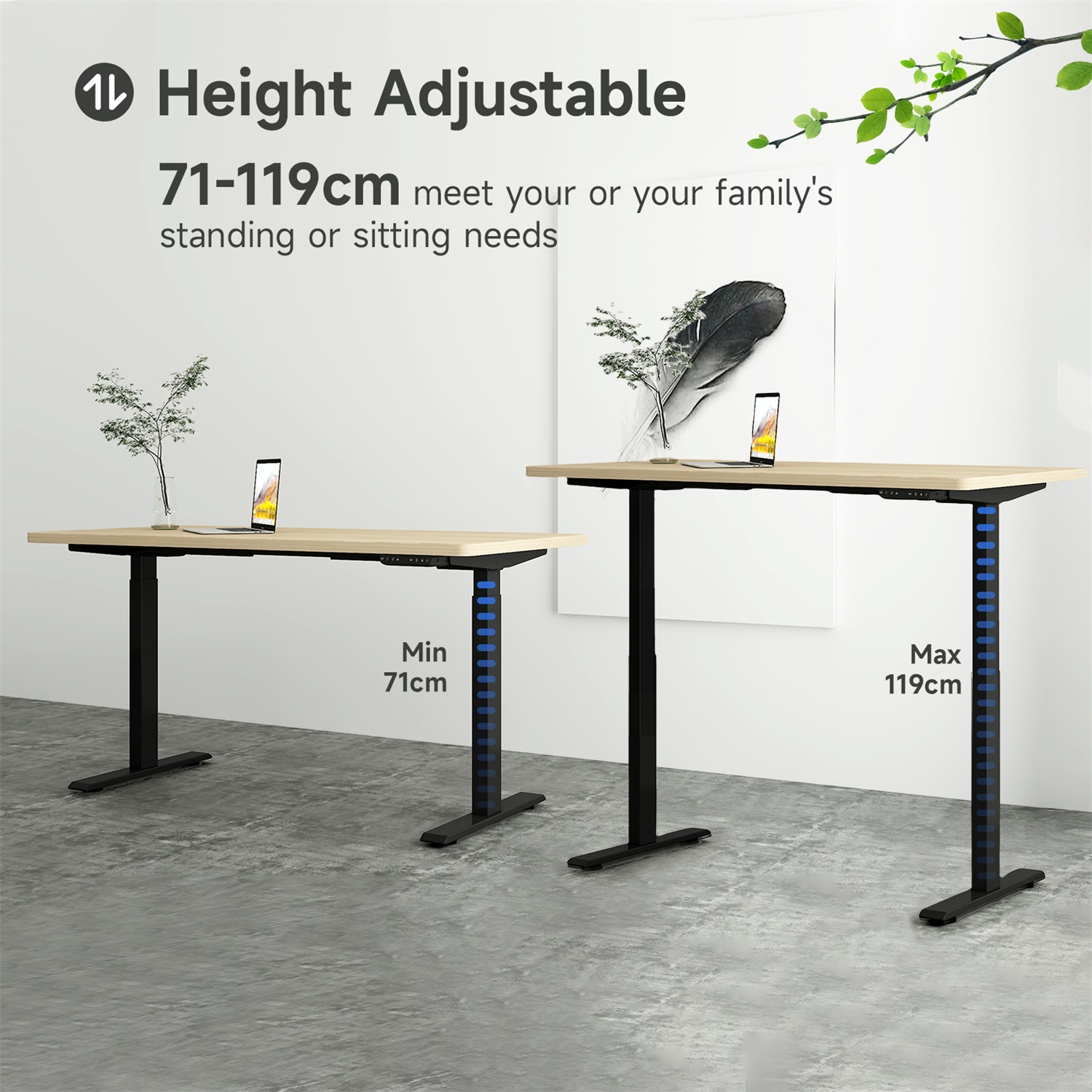 Zwei höhenverstellbare Schreibtische, einer niedrig, einer hoch. Text sagt 71-119cm verstellbar.