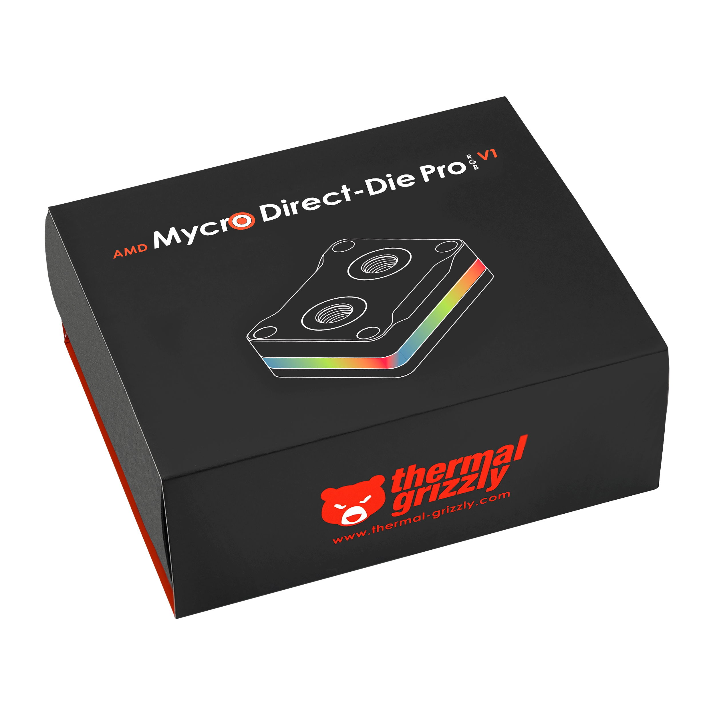 Schwarze Box mit Produktbild und Thermal Grizzly Logo. Das Produkt ist ein Wasserblock mit Regenbogen-LEDs.