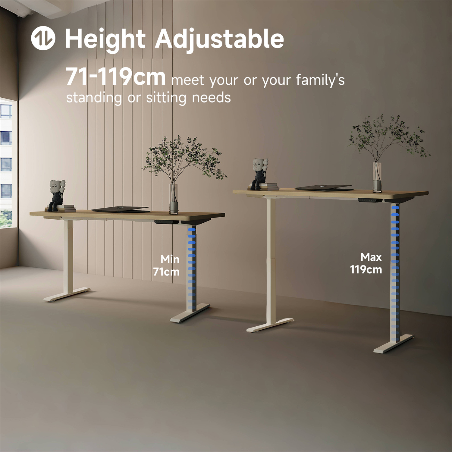 Zwei höhenverstellbare Schreibtische mit Text-Overlay. Ein Schreibtisch ist auf minimaler Höhe (71 cm), der andere auf max. (119 cm).