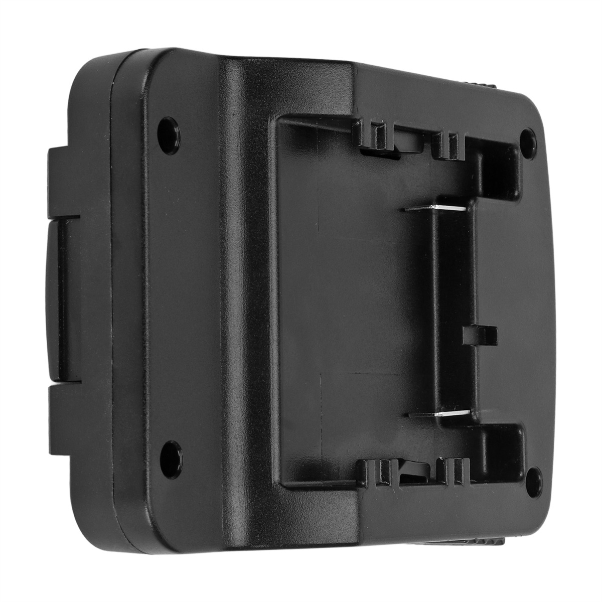Schwarzes Batteriefach mit rechteckiger Form und zwei Löchern an der Seite.