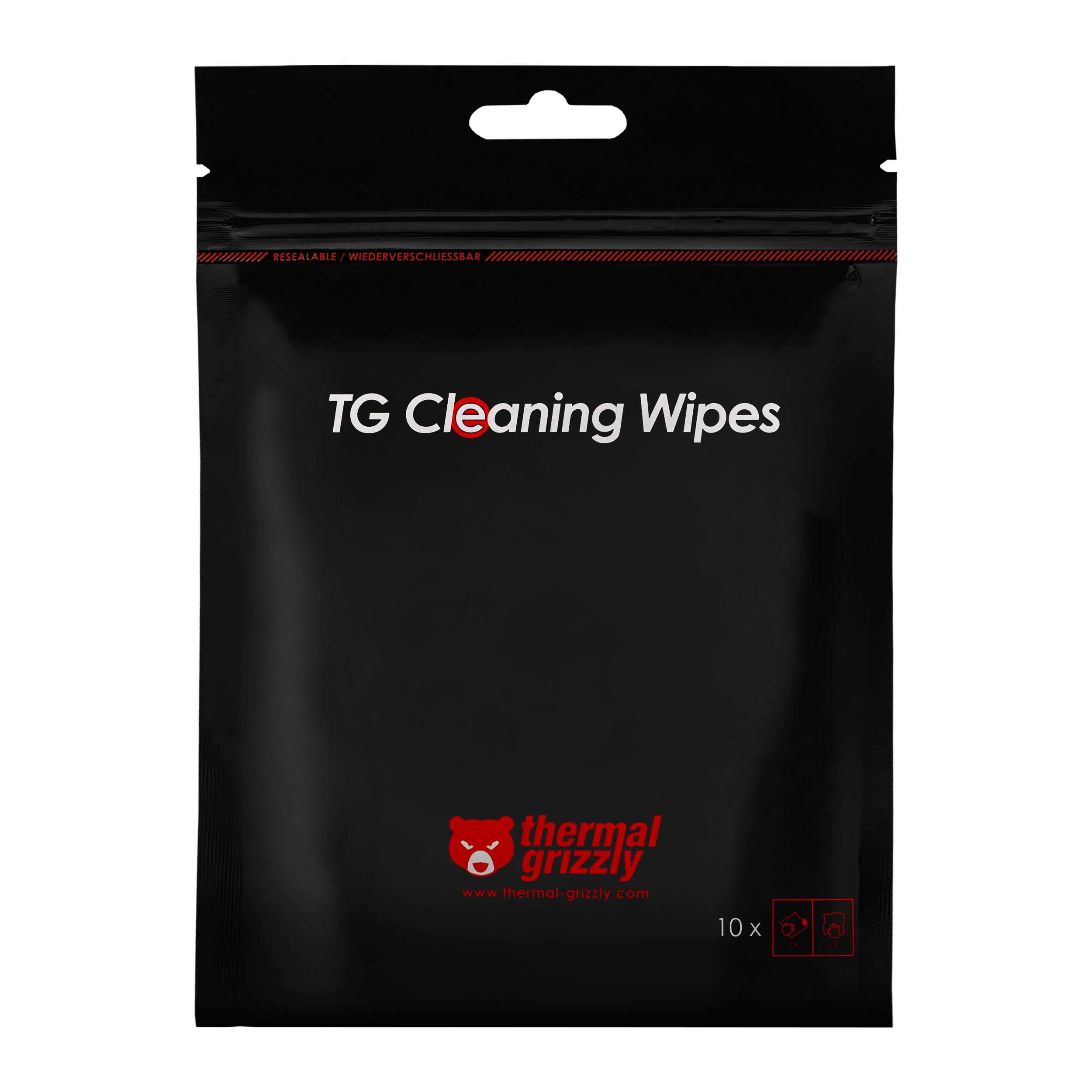 Paquet de lingettes nettoyantes noires avec texte blanc 'TG Cleaning Wipes' et logo Thermal Grizzly.