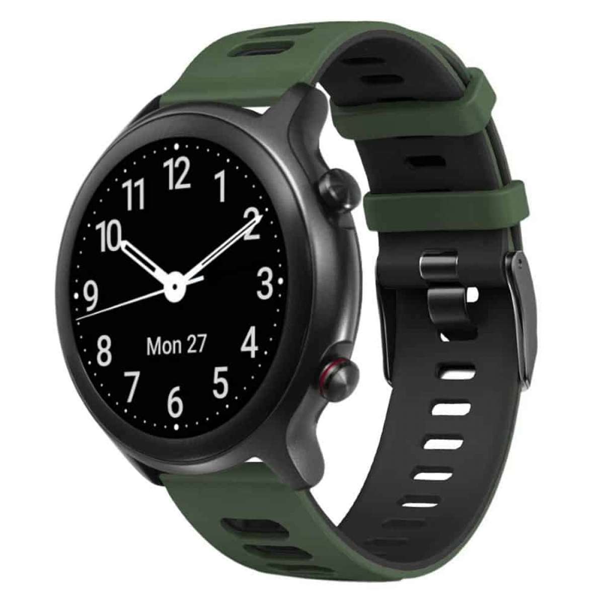 Schwarze Smartwatch mit grünem Armband. Das Zifferblatt zeigt die Uhrzeit und das Datum.
