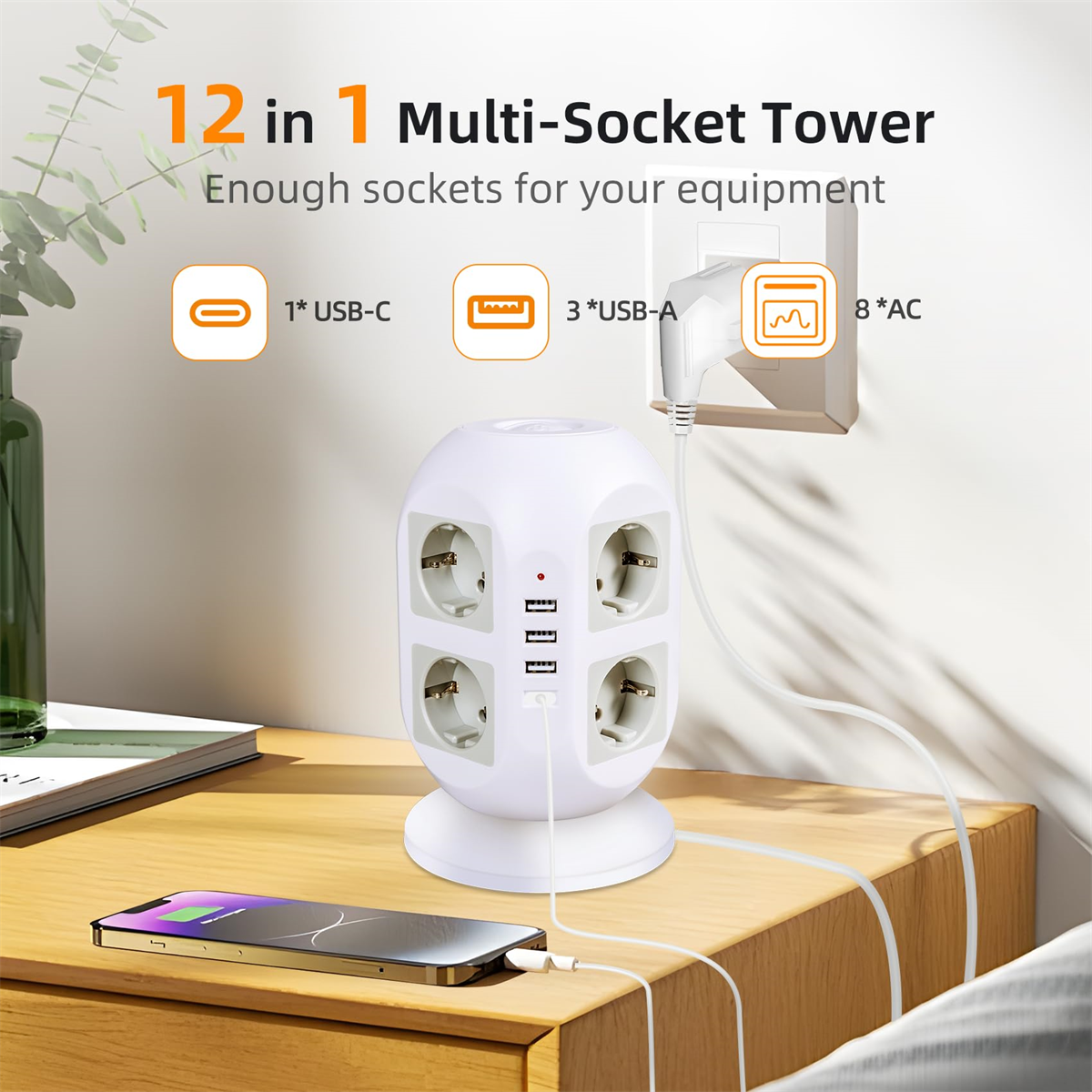 Ein weißer Mehrfachsteckdosen-Turm mit 12 Steckdosen. Er hat USB-Anschlüsse, AC-Anschlüsse und ist an der Wand eingesteckt.