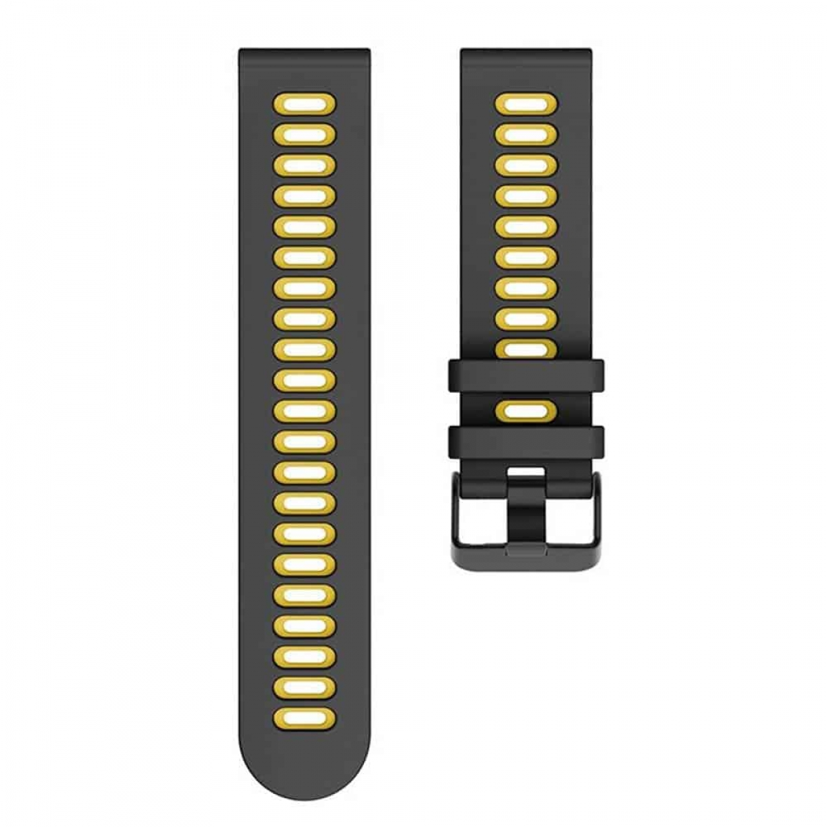 Schwarzes Uhrenarmband mit gelben Akzenten. Zwei Bänder, eines mit Löchern, eines mit Schnalle.