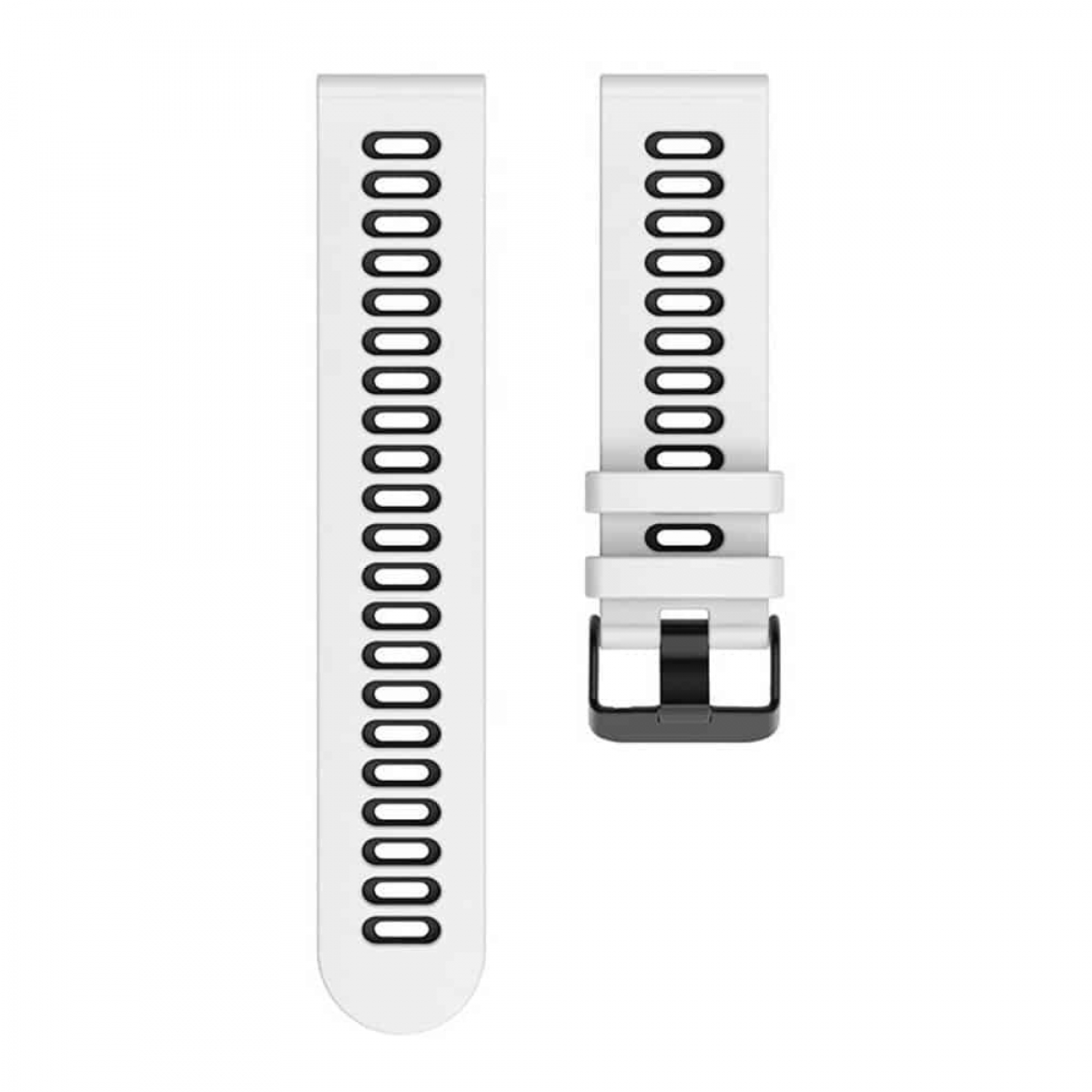 Weißes und schwarzes Uhrenarmband. Verfügt über eine Dornschließe und eine strukturierte Oberfläche.
