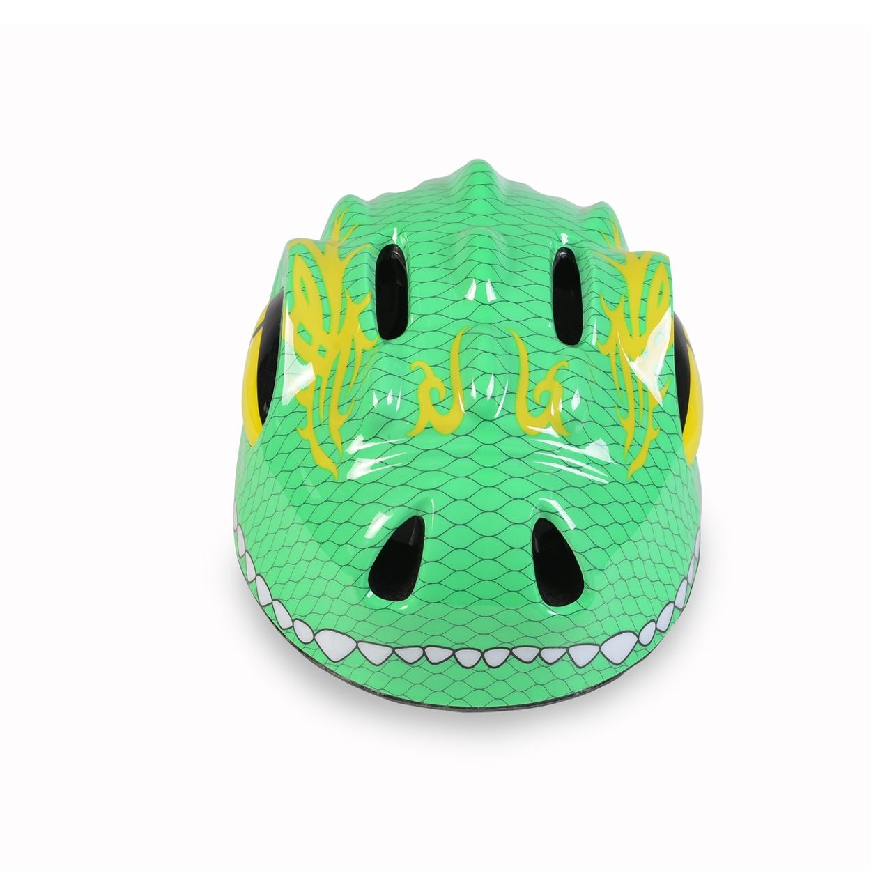 Ein grüner Kinderhelm in Form eines Krokodilkopfes.