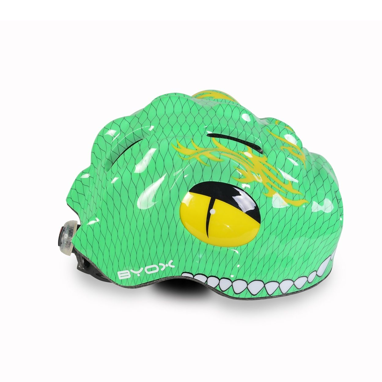 Ein grüner Kinderhelm mit Drachendesign auf weißem Hintergrund.