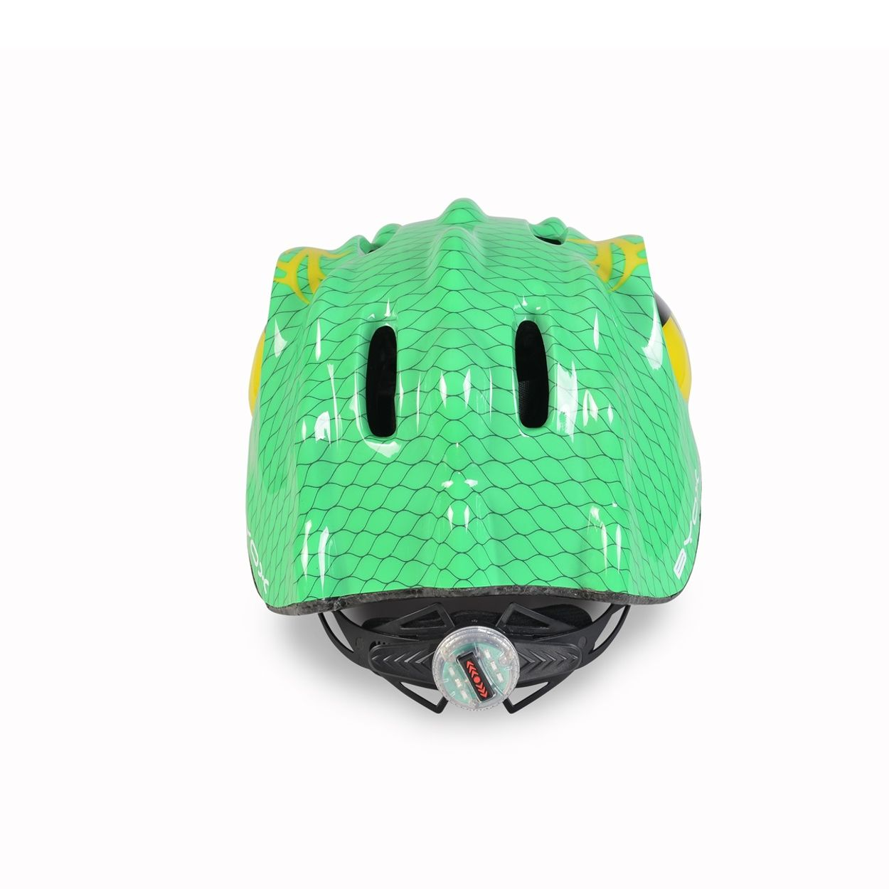 Grüner Helm mit Drachenmotiv. Er hat zwei Augenlöcher und ein rotes Licht hinten.