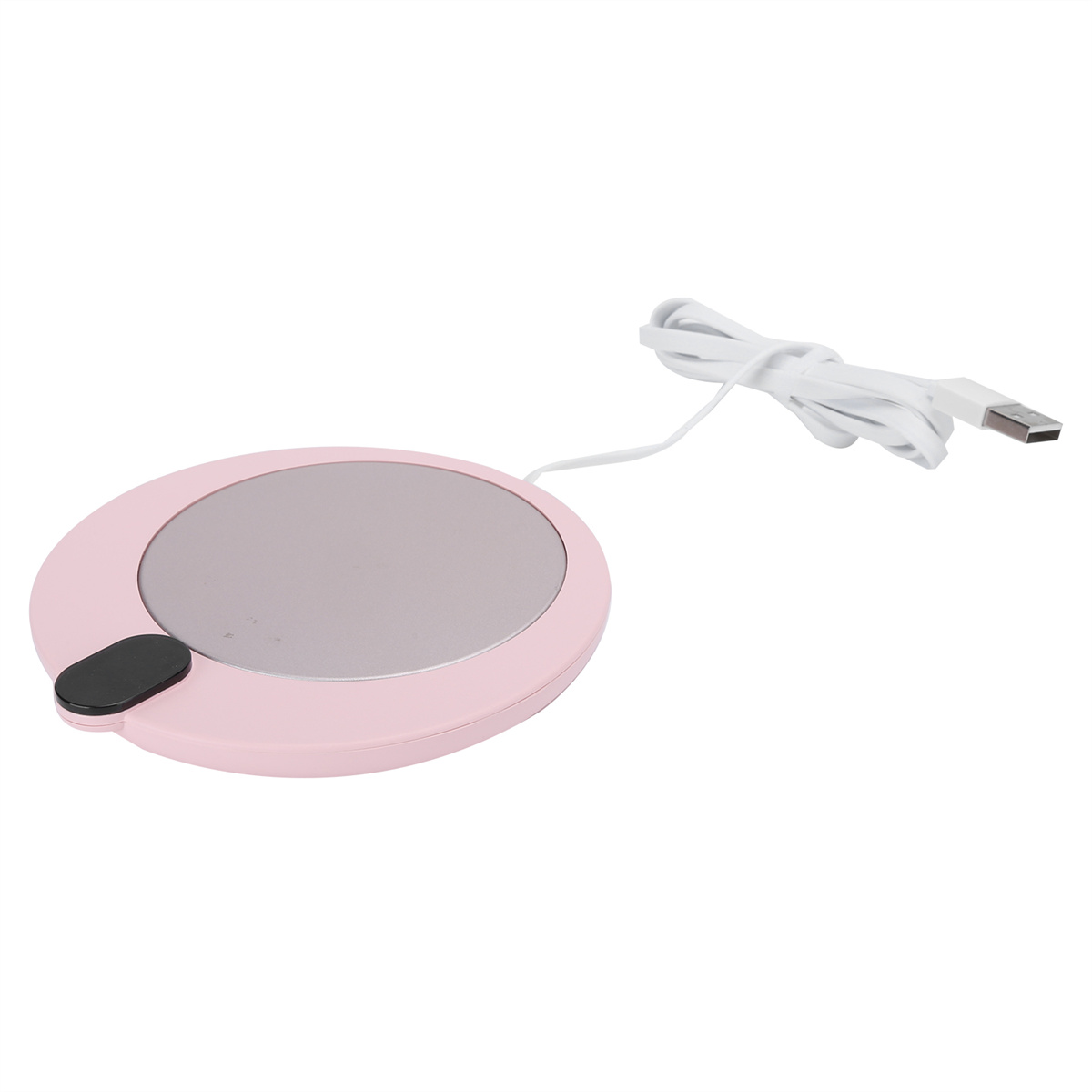 Ein rosa, runder, beheizter Untersetzer mit silberner Mitte und schwarzem Netzschalter. Ein weißes USB-Kabel.