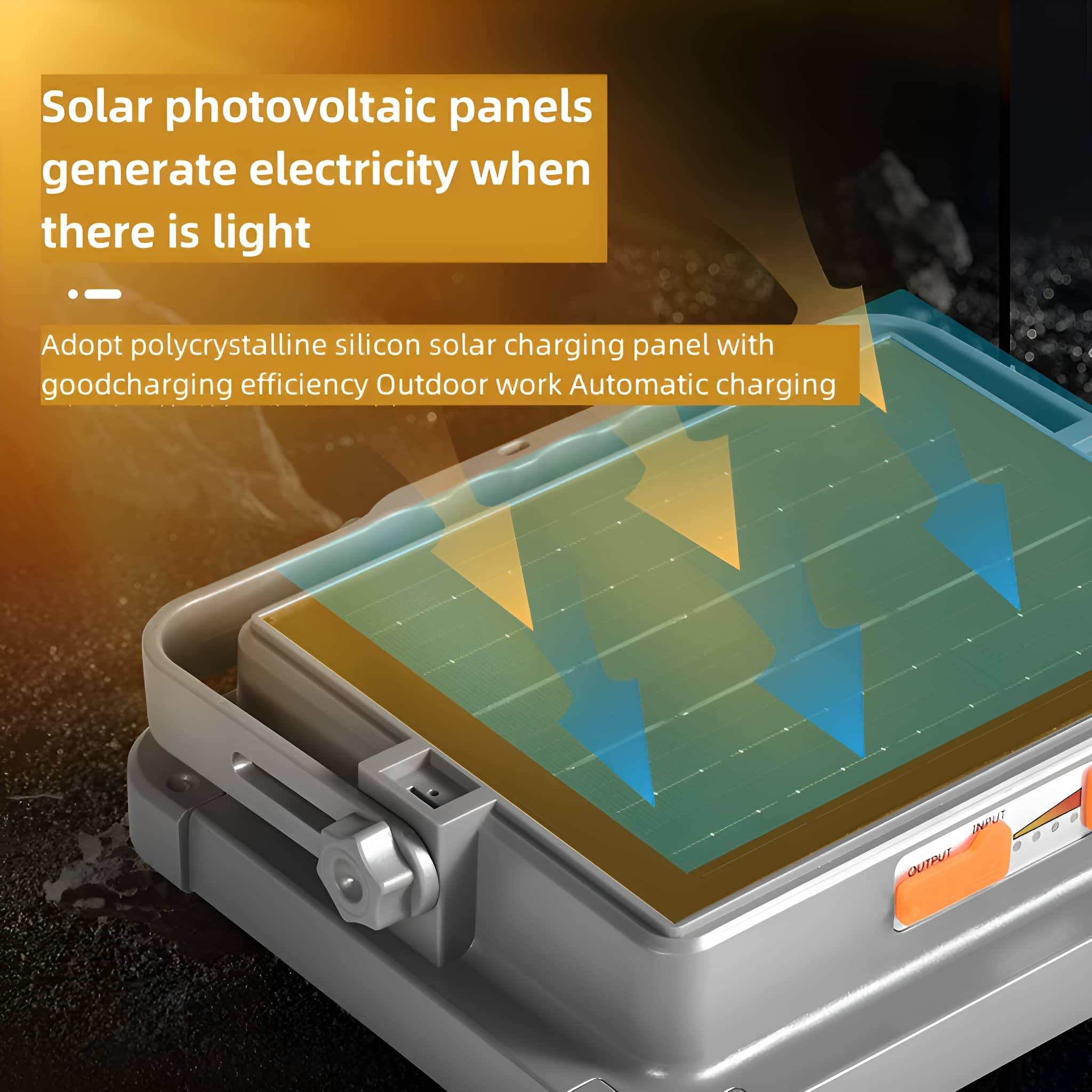Ein Solarpanelgerät, das das Solarladen zeigt. Das Bild hat eine Nahaufnahme und zeigt das Solarpanel und die Ausgabedetails.