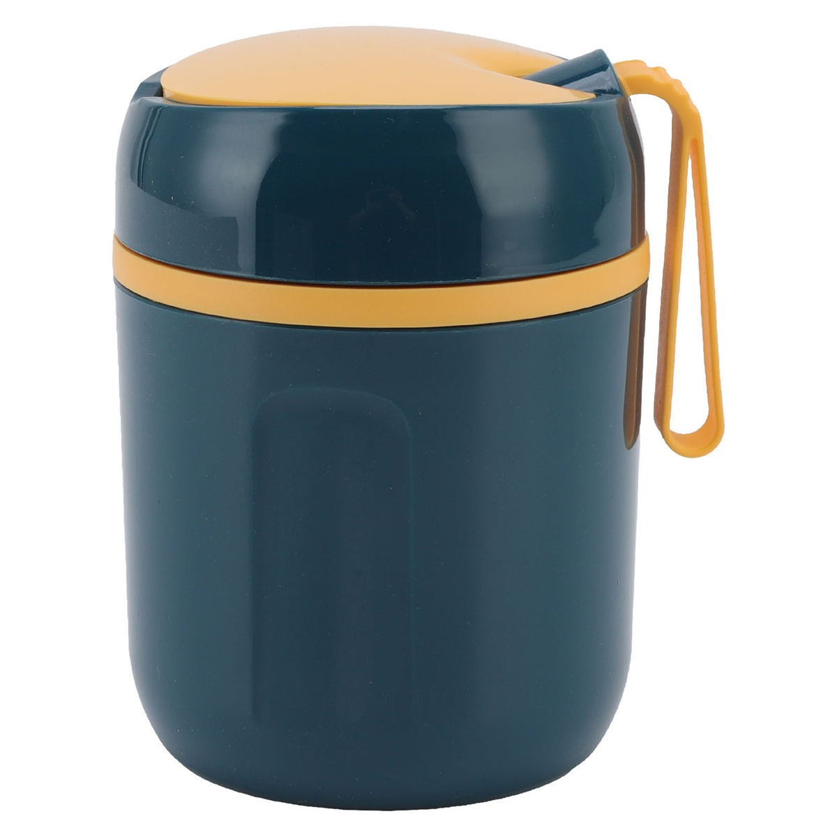 Dunkelblaugrüner isolierter Lebensmittelbehälter mit gelbem Deckel und Griff, auf weißem Hintergrund.