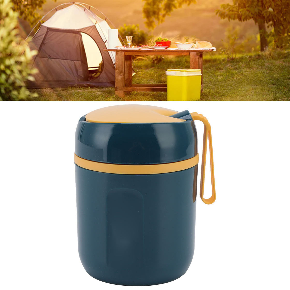 Campingszene mit Zelt, Tisch mit Essen und gelber Kühlbox. Außerdem blauer und gelber Isolierbehälter.