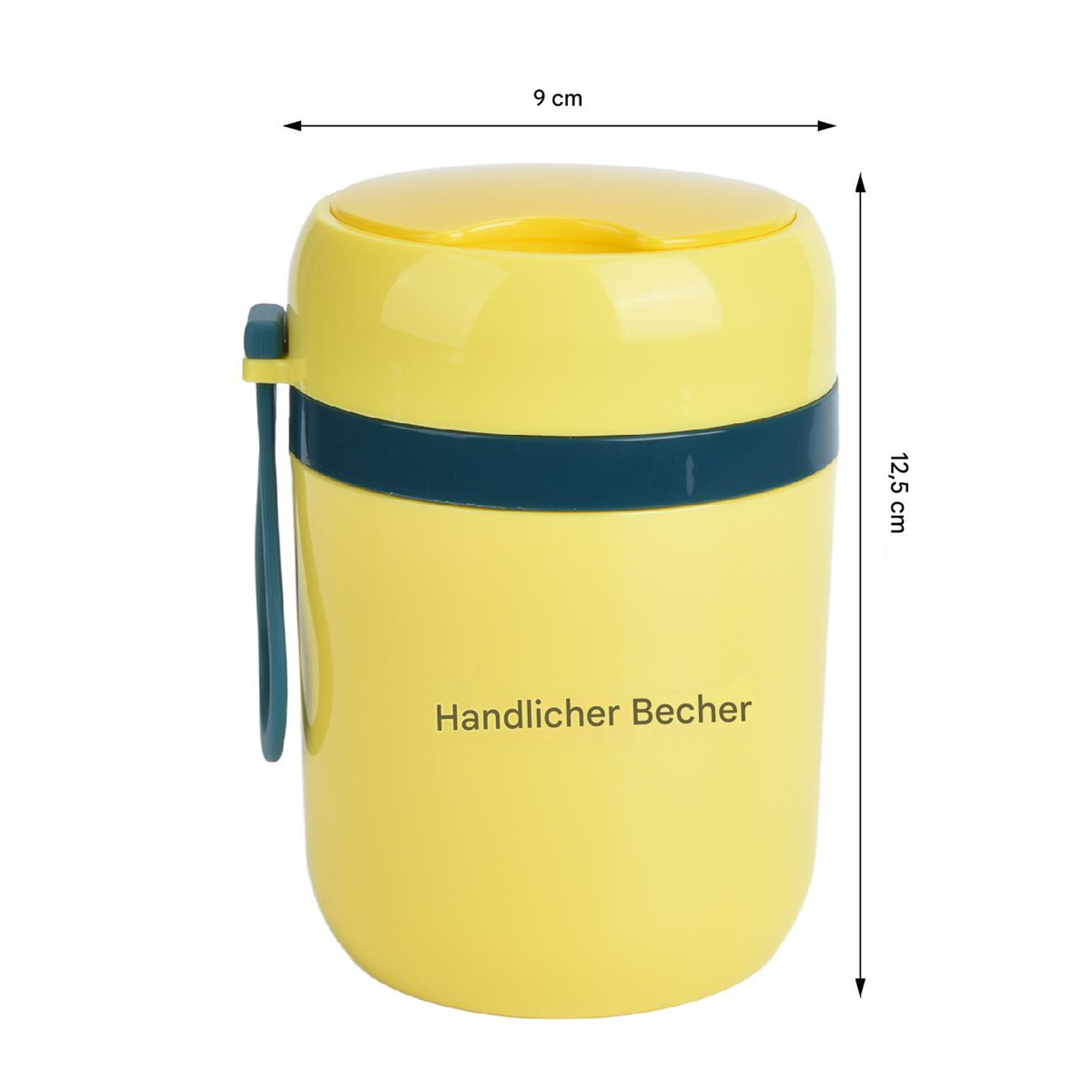 Ein gelber isolierter Lebensmittelbehälter mit blauem Band, Maße 9 cm und 12,5 cm.