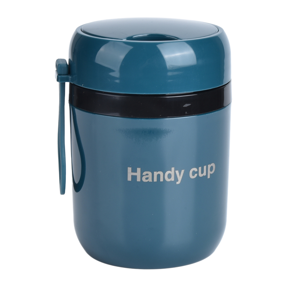 Türkisfarbener isolierter Lebensmittelbehälter mit Griff und dem Aufdruck "Handy cup".