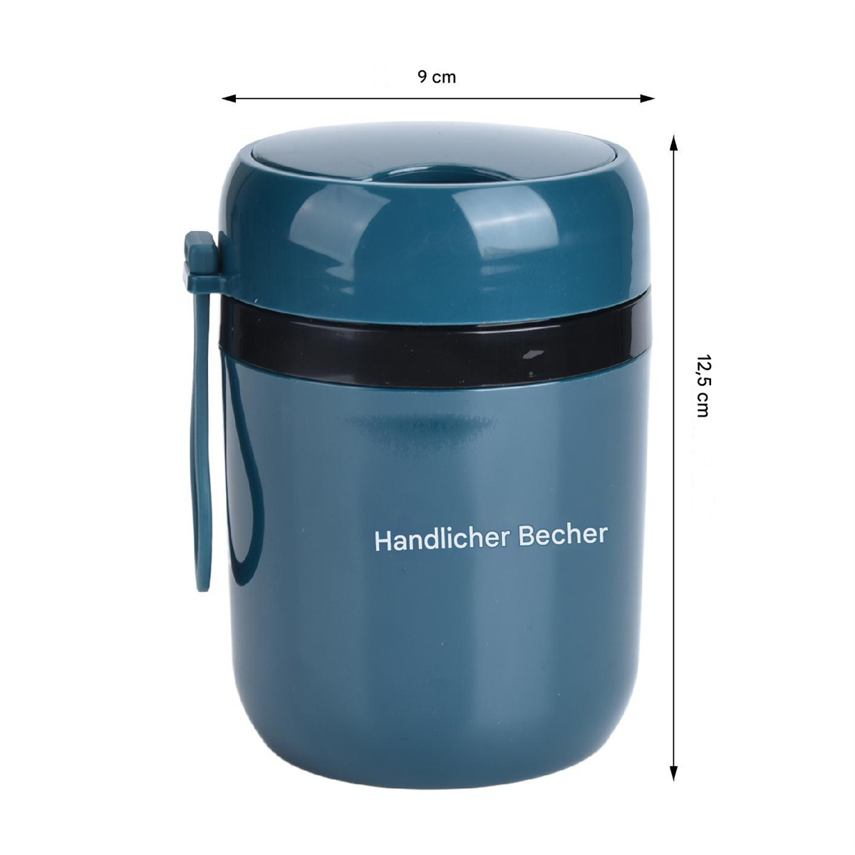 Blauer isolierter Lebensmittelbehälter mit Griff. Text: Handlicher Becher. Maße: 9cm x 12,5cm.
