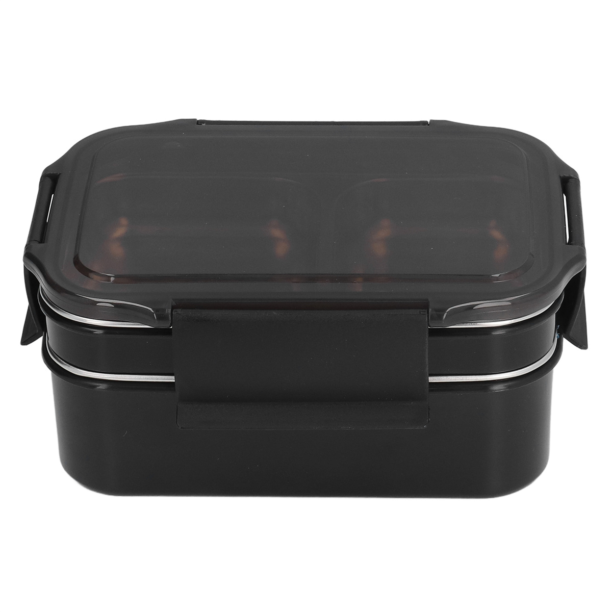 Eine schwarze, zweistöckige Brotdose mit transparentem Deckel. Die Box hat einen Verschluss.