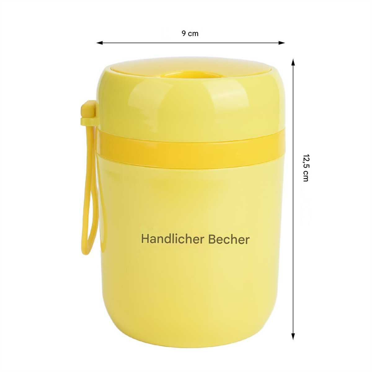 Gelber isolierter Behälter mit Griff und Deckel, Abmessungen sind markiert.