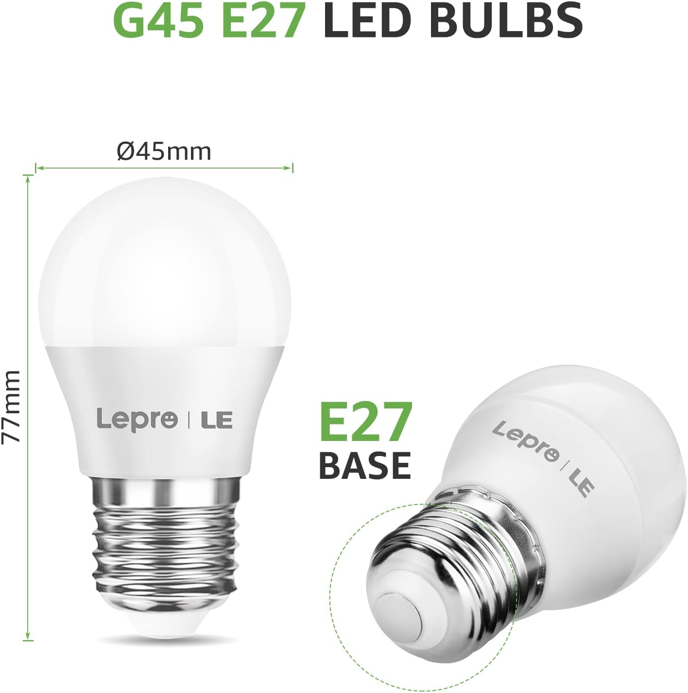 Zwei weiße LED-Glühbirnen mit E27-Sockel und angezeigten Maßen.