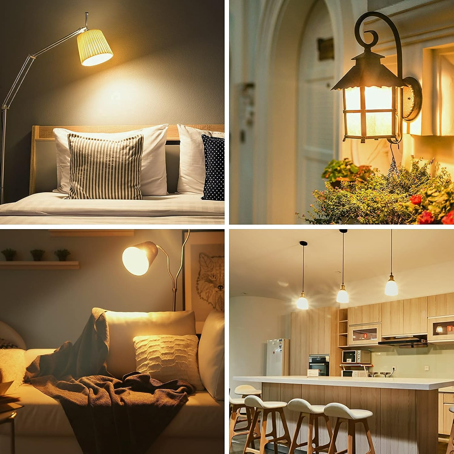Vier Bilder von Lampen in verschiedenen Umgebungen: Stehlampe, Wandlampe, Tischlampe und Küchenbeleuchtung.