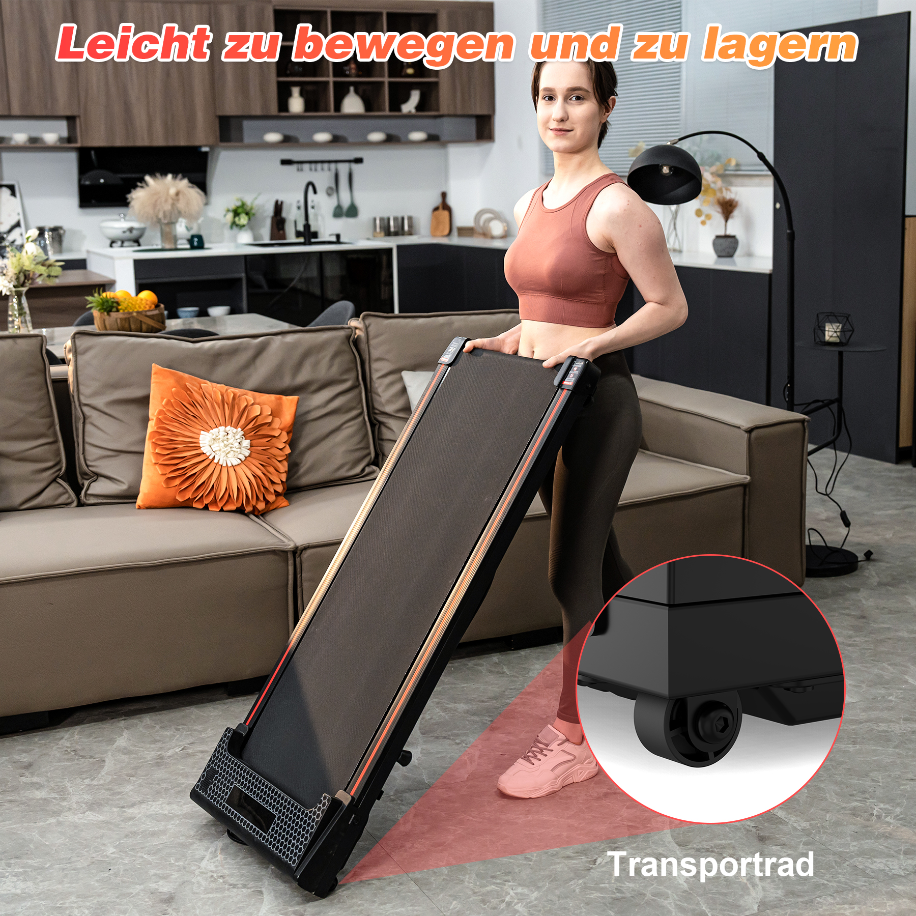 Frau hält faltbares Laufband. Text: 'Leicht zu bewegen und zu lagern'.