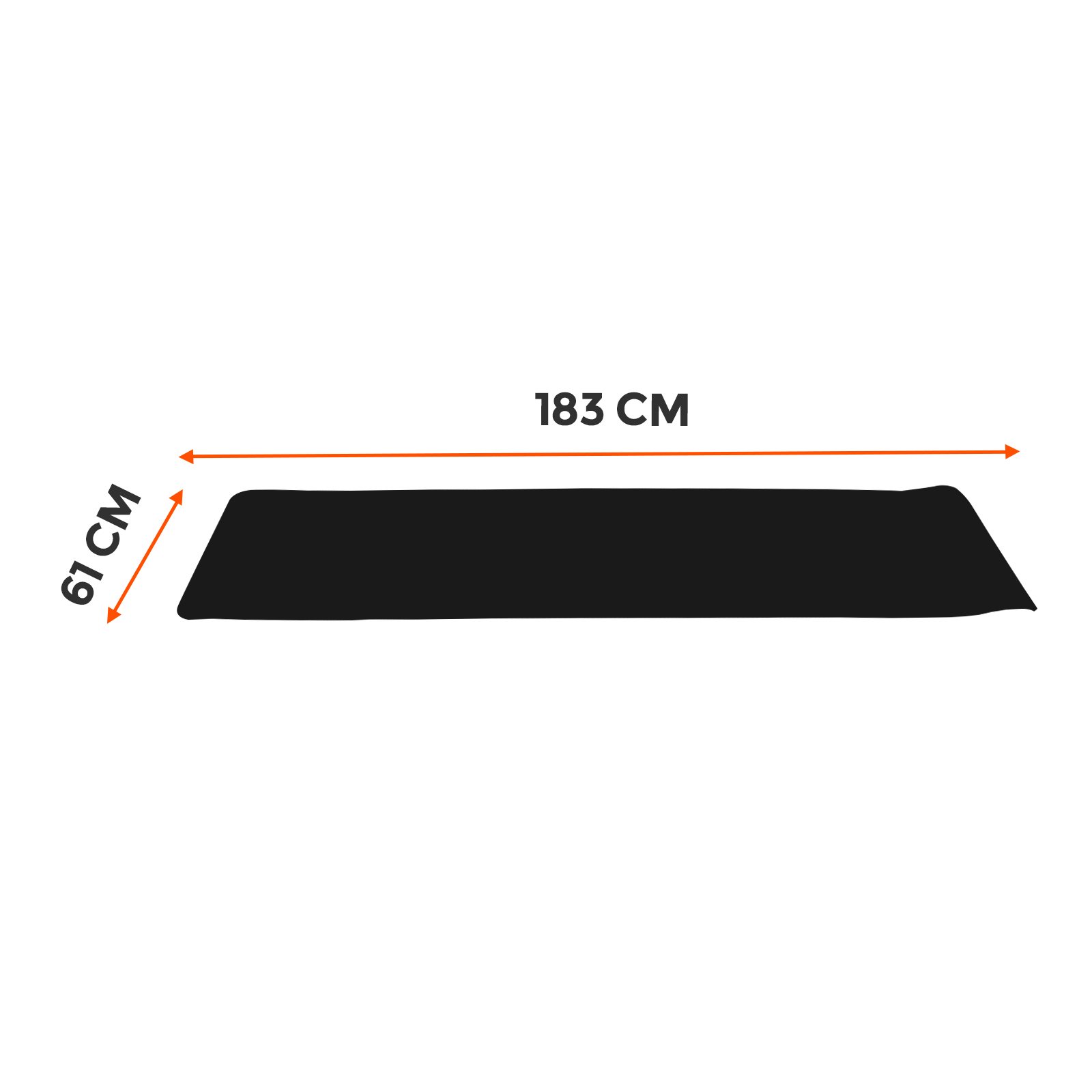 Esterilla de yoga negra con dimensiones: 61 cm x 183 cm. Fondo blanco.